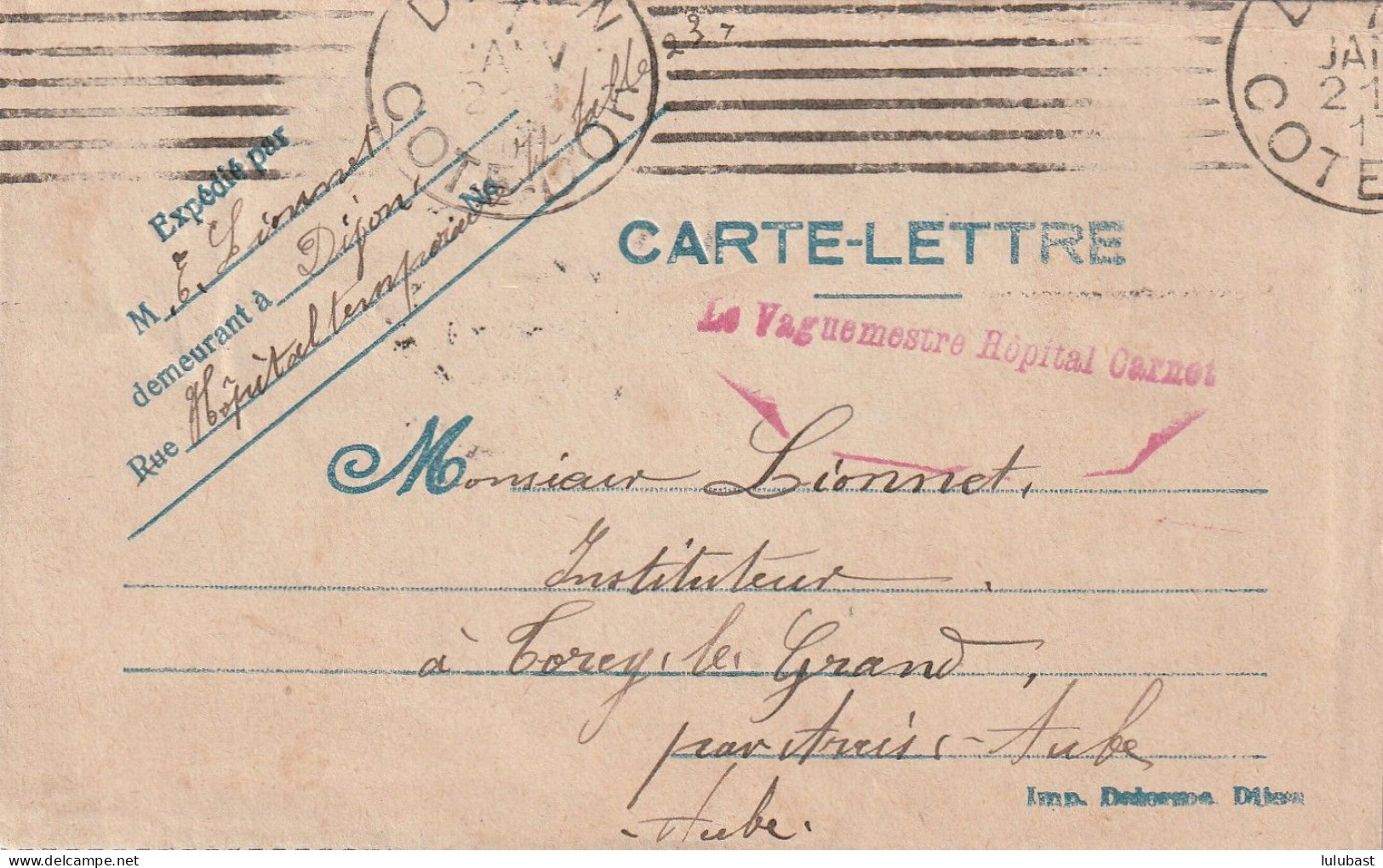 Carte-lettre En FM - Griffe " Le Vaguemestre Hôpital Carnot"   DIJON. - 1. Weltkrieg 1914-1918