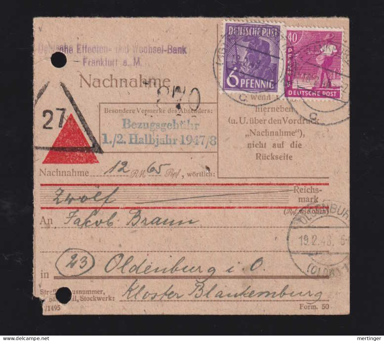 All. Besetzung 1948 Nachnahme Drucksache 46Pf FRANKFURT X OLDENBURG - Lettres & Documents