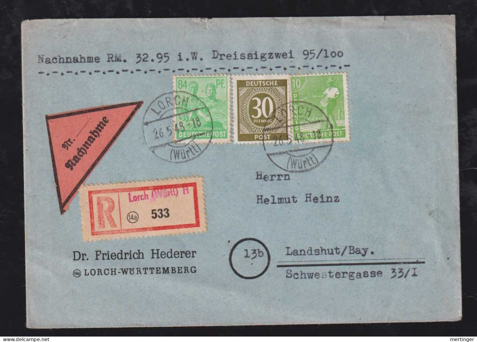 All. Besetzung 1948 Einschreiben Nachnahme Brief 124Pf LORCH X LANDSHUT - Cartas & Documentos