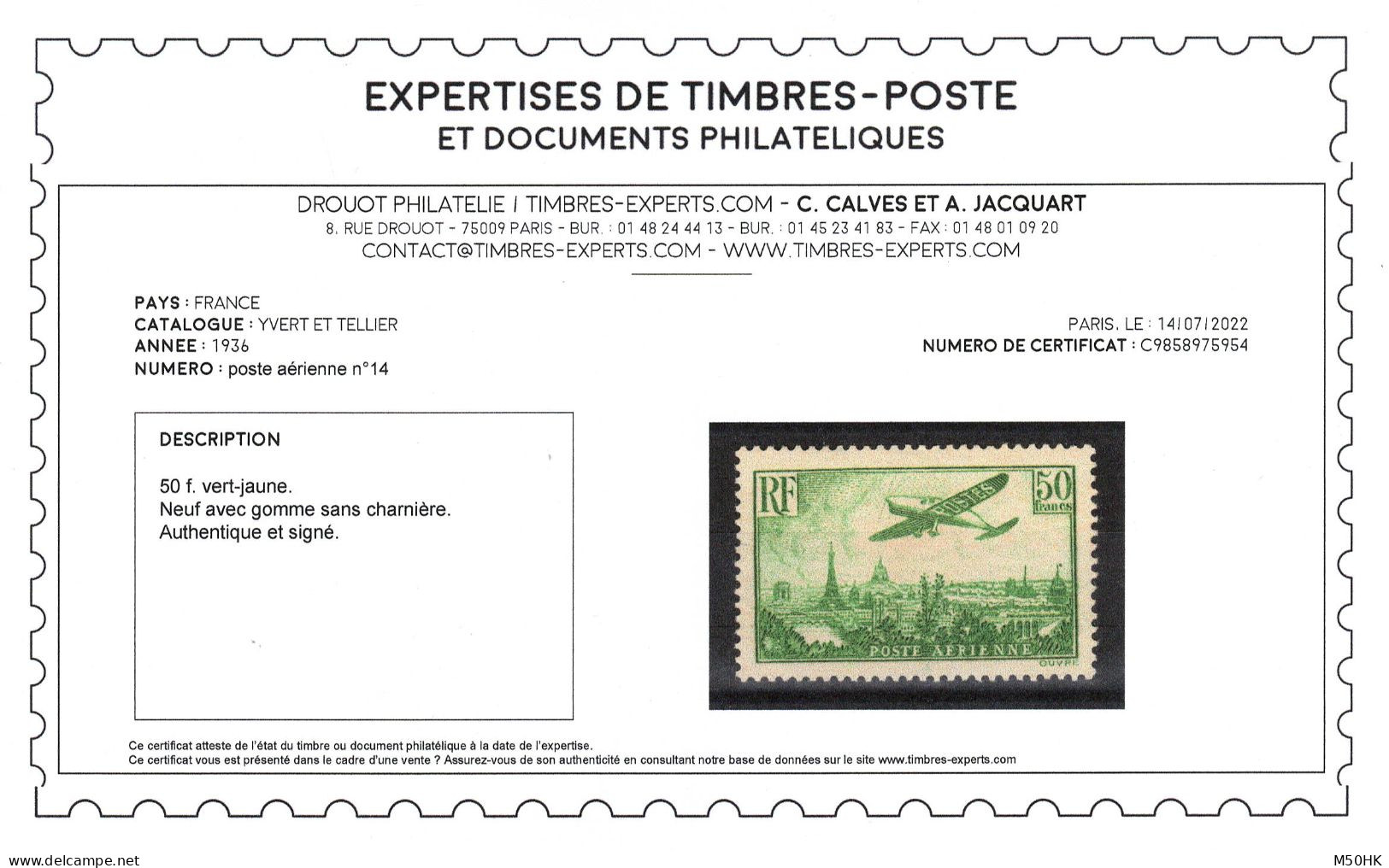 YV PA 14 N** MNH Luxe , Signé CALVES + Certificat , Cote 2000 Euros - 1927-1959 Nuovi