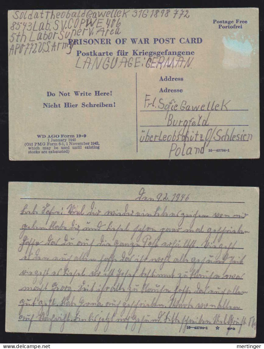 Bizone 1946 POW Postcard Kriegsgefangene APO 772 US Army Lab.Serv.Co USA To BURGFELD Gródczany Poland - Covers & Documents