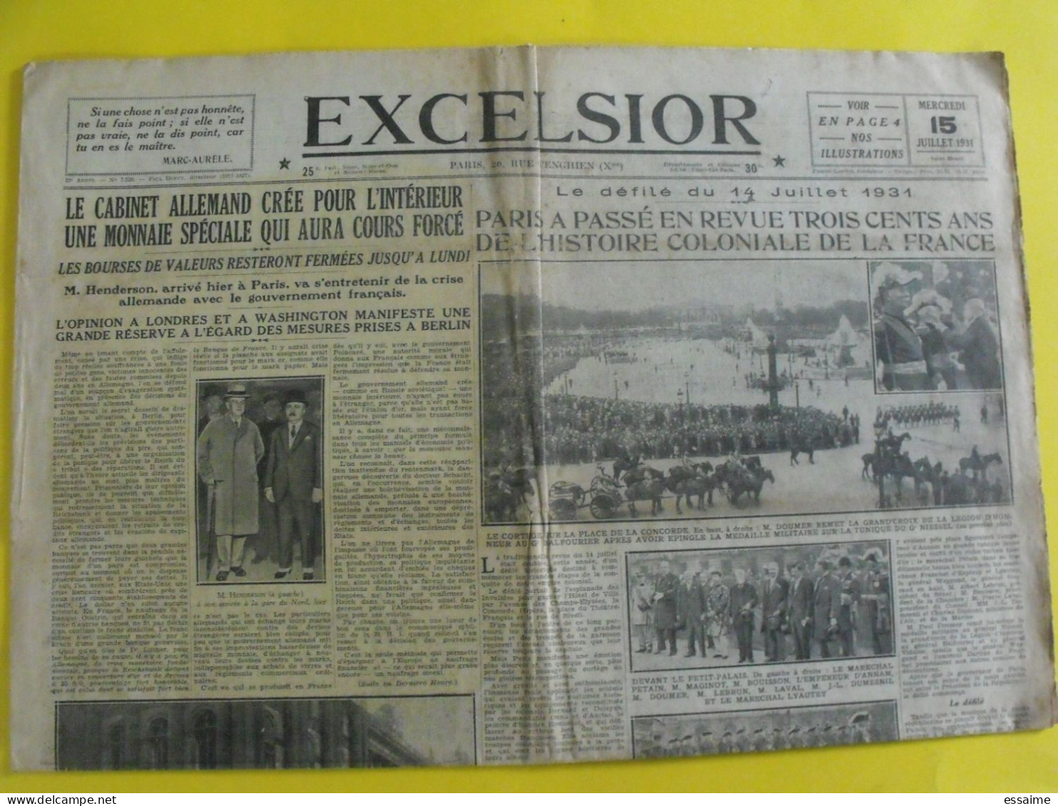 Journal Excelsior Du 15 Juillet 1931.exposition Coloniale Crise Financière En Allemagne - Autres & Non Classés