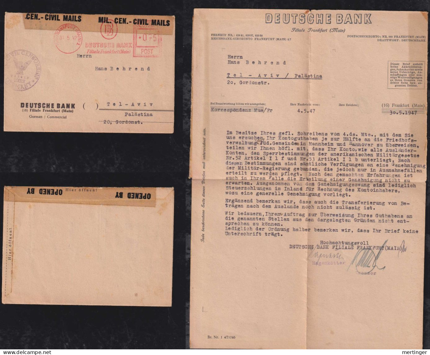 Bizone 1947 AFS 75Pf Censor Freistempler Meter Brief FRANKFURT X TEL AVIV Palästina Israel Judaica Text !!! - Lettres & Documents