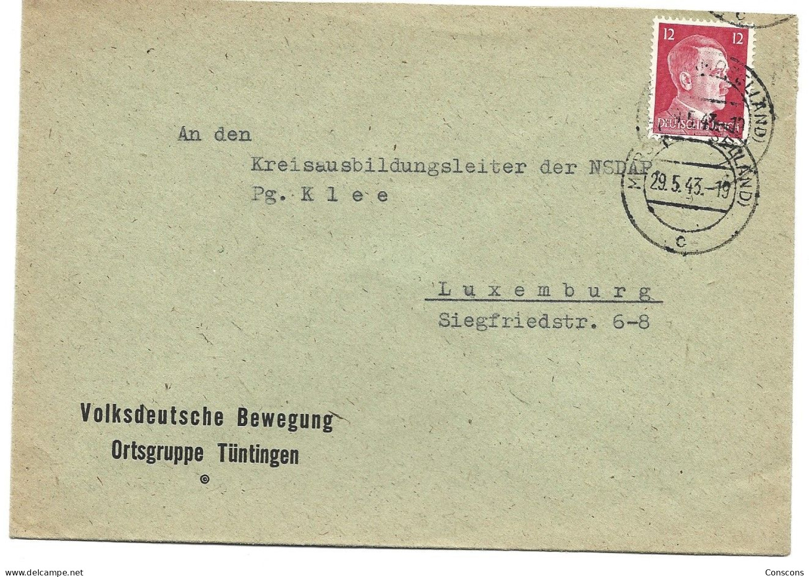 Brief Von Der Volksdeutschen Bewegung Tüntingen Nach Luxemburg - 1940-1944 Duitse Bezetting