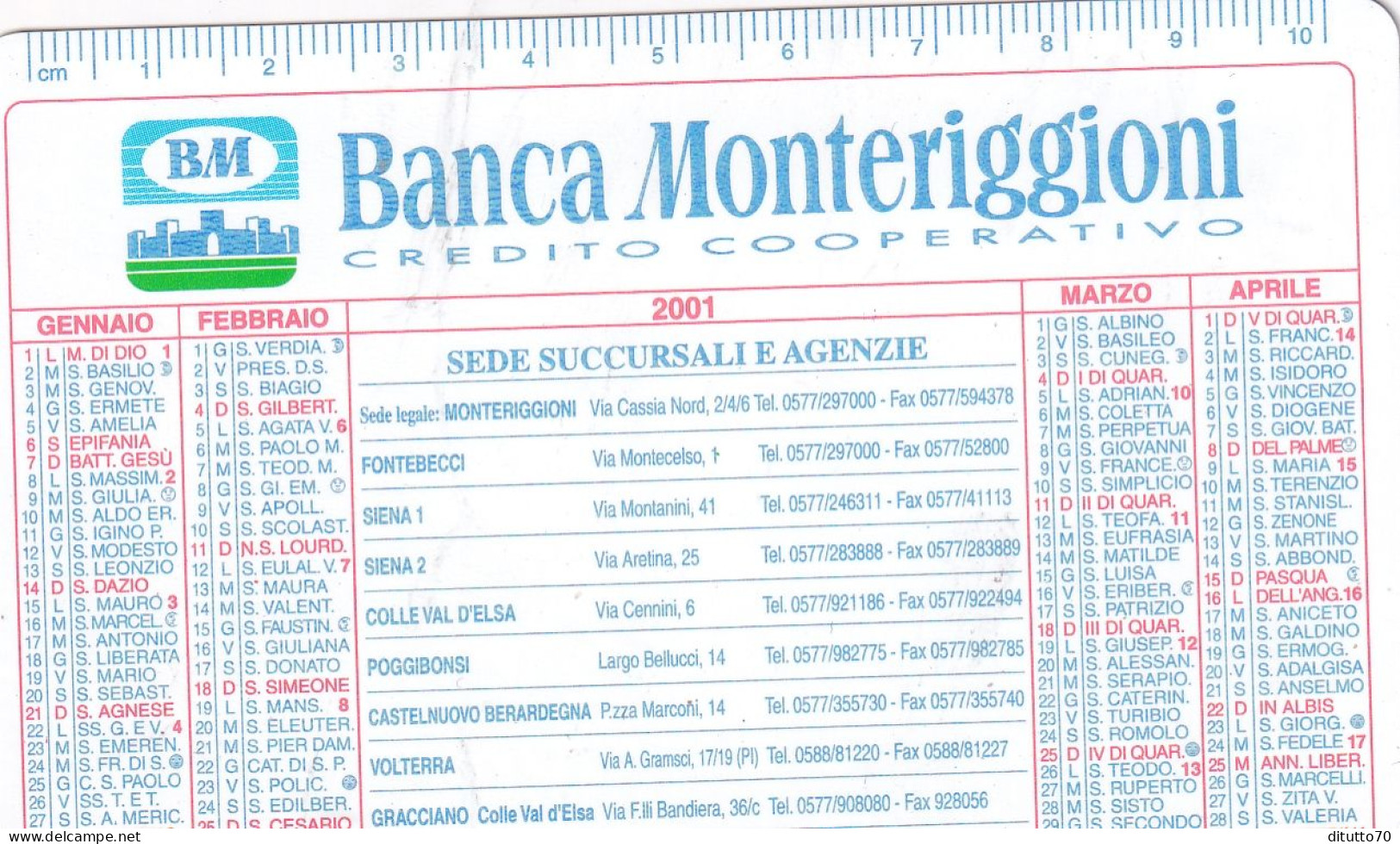 Calendarietto - Banca Monteriggioni - Anno 2001 - Formato Piccolo : 2001-...