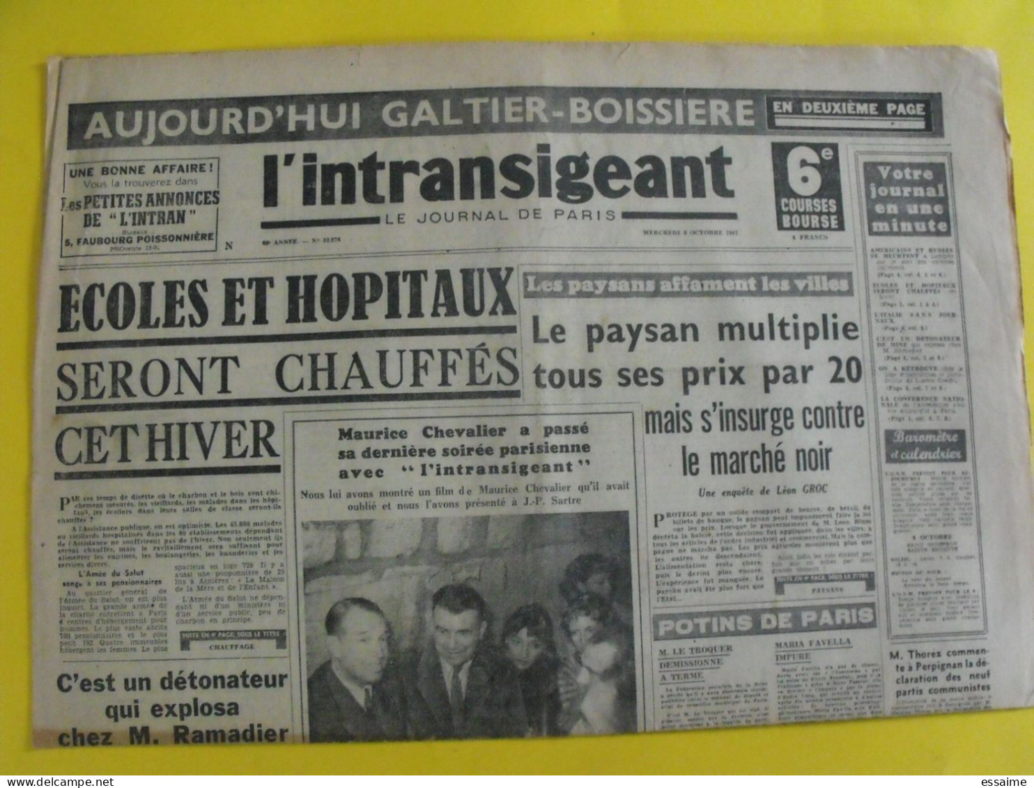 Journal L'Intransigeant Du 8 Octobre 1947. Maurice Chevalier Groc Galtier-boissière Inde Pakistan - Sonstige & Ohne Zuordnung