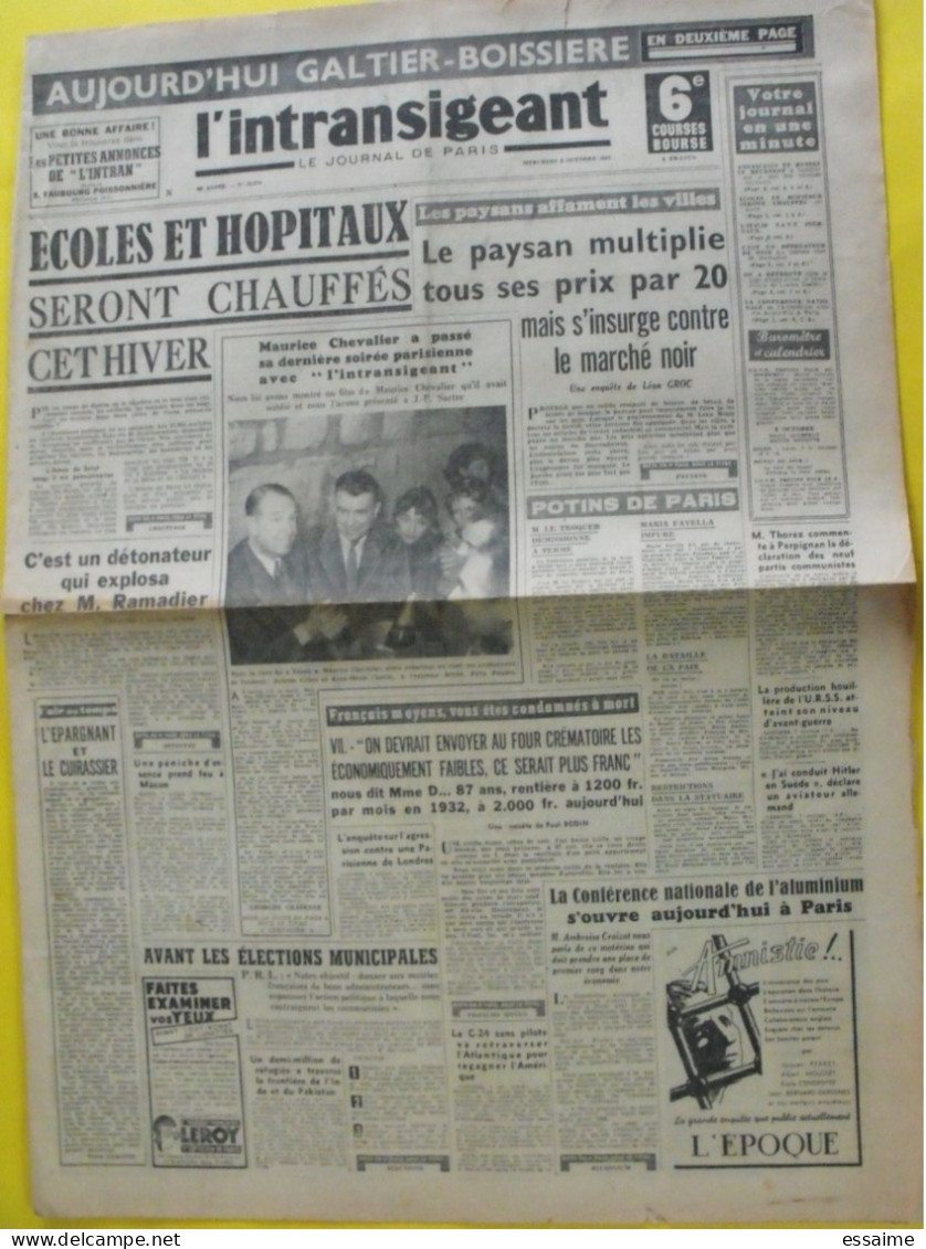 Journal L'Intransigeant Du 8 Octobre 1947. Maurice Chevalier Groc Galtier-boissière Inde Pakistan - Autres & Non Classés