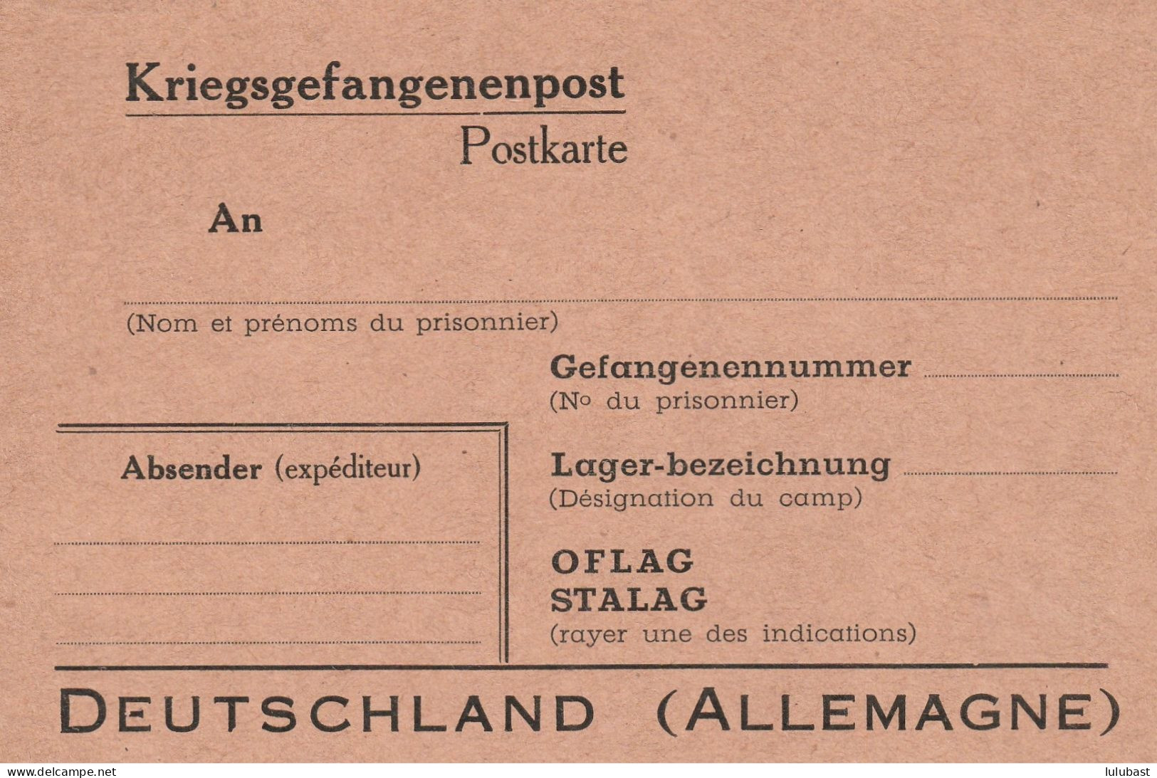 Carte (vierge) Pour Prisonnier De Guerre Dans Un Oflag Ou Stalag. - Prigionieri