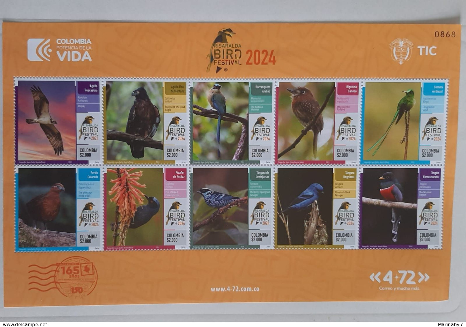 C) 2024. COLOMBIA, RISARALDA FESTIVAL MULTIPLE STAMPS OF TYPICAL BIRDS OF THE REGION. XF - Colombia