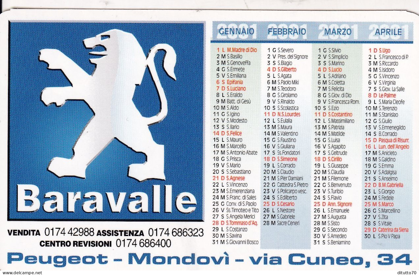 Calendarietto - Baravalle - Peugeot - Mondovi - Anno 2001 - Small : 2001-...