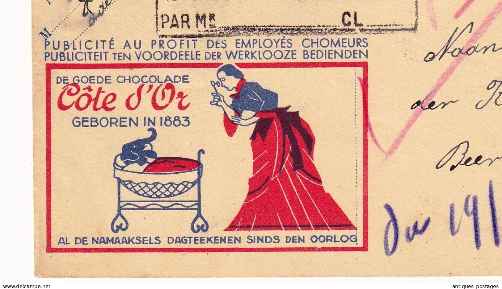 Chocolat Côte D'Or Chocolate 1934 Paal Beringen Belgique Publicité Au Profit Des Employés Chomeurs Schokolade - Postkarten 1909-1934
