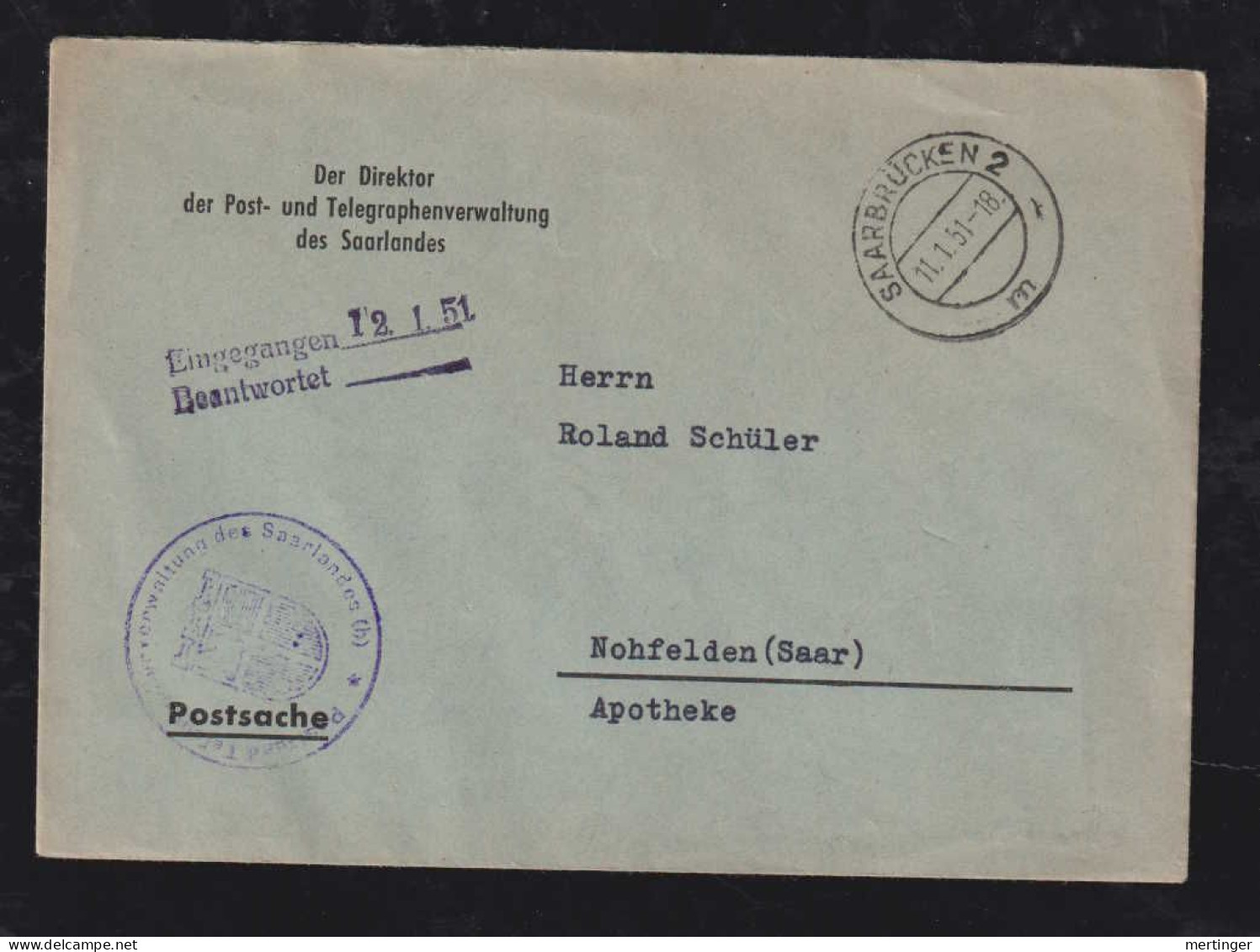 Saarland Saar 1951 Brief Postsache SAARBRÜCKEN X NOHFELDEN - Brieven En Documenten