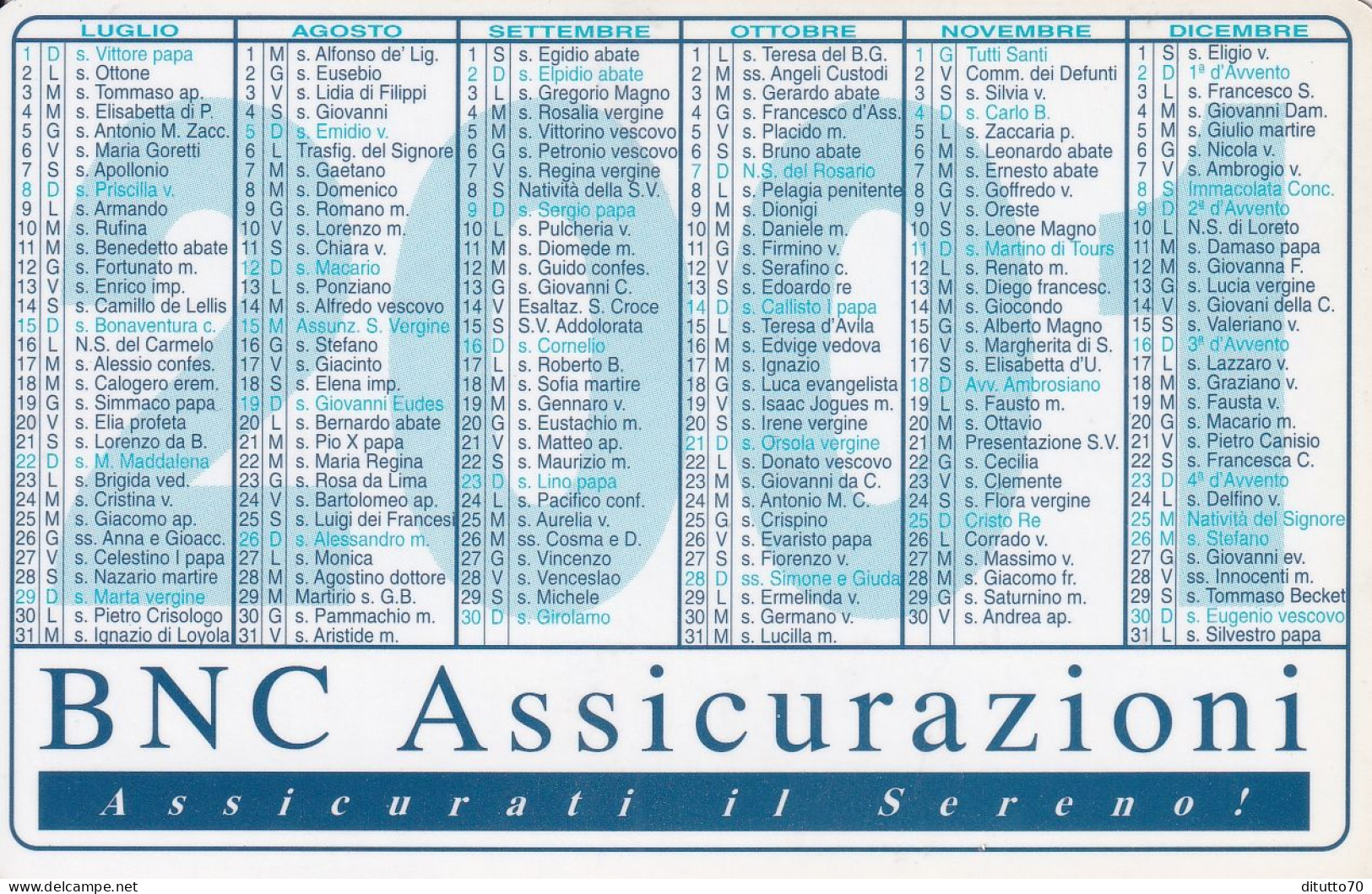 Calendarietto - Bnc - Assicurazioni - Anno 2001 - Formato Piccolo : 2001-...