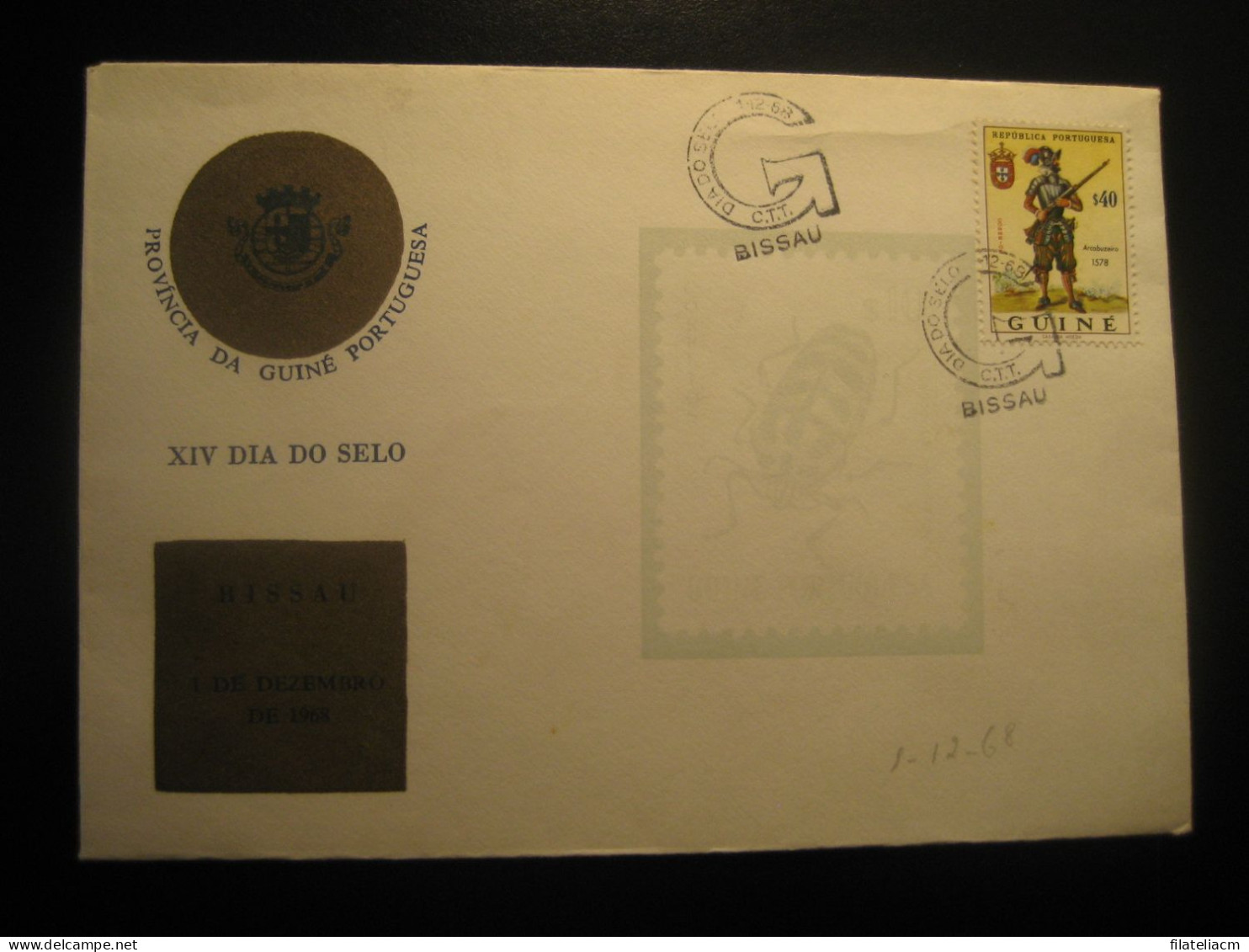 BISSAU 1968 Arcabuzeiro Stamp Dia Do Selo Cancel Cover GUINEA Portuguese Colonies Portugal Area - Guinée Portugaise