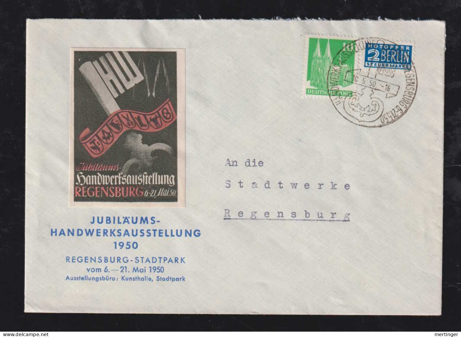 BRD Bund 1950 10 Pf Orts Brief Vignette Handwerksausstellung REGENSBURG - Covers & Documents