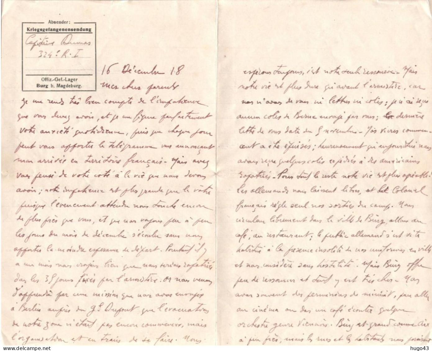 LETTRE D' UN PRISONNIER FRANCAIS - KRIESGSGEFANGENENSENDUNG LE 16/12/1918 - Lettres & Documents