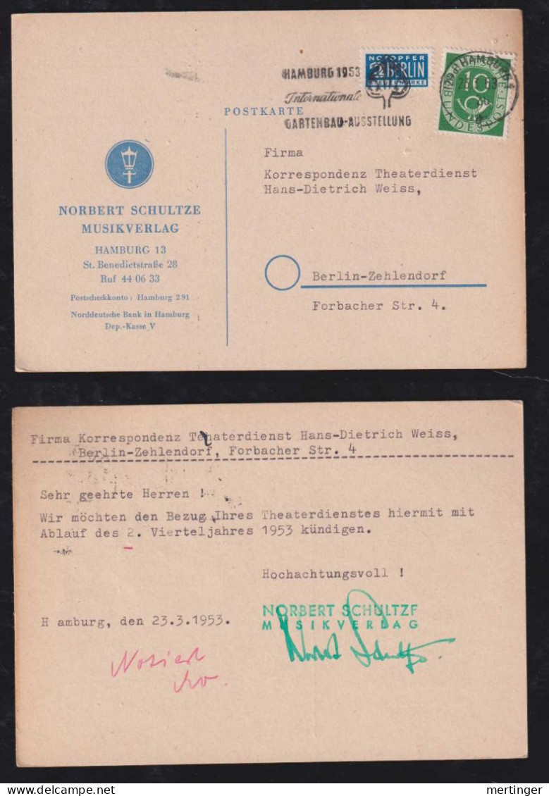 BRD Bund 1953 Postkarte Werbung Norbert Schultze Musikverlag HAMBURG X BERLIN ZEHLENDORF - Lettres & Documents