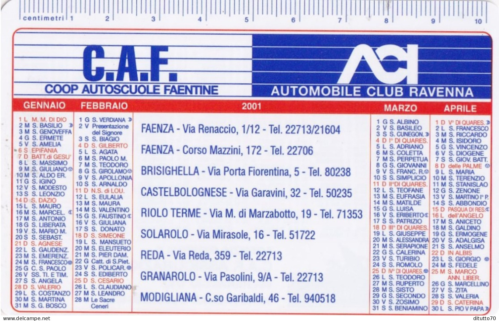 Calendarietto - C.a.f. - Coop Autoscuole Faentine - Anno 2001 - Petit Format : 2001-...