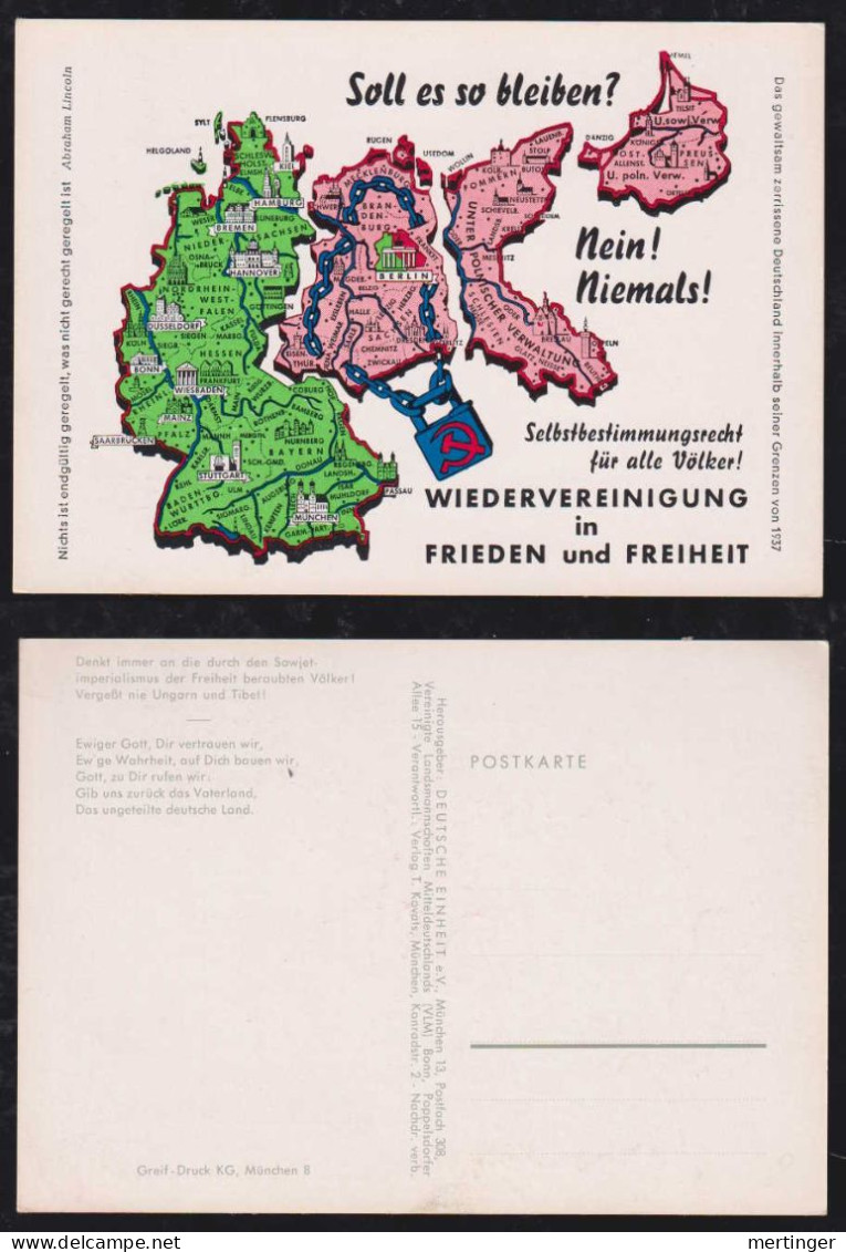 BRD Bund Ca 1960 Propaganda Karte Deutsche Widervereinigung Deutsche Einheit E.V. - Lettres & Documents