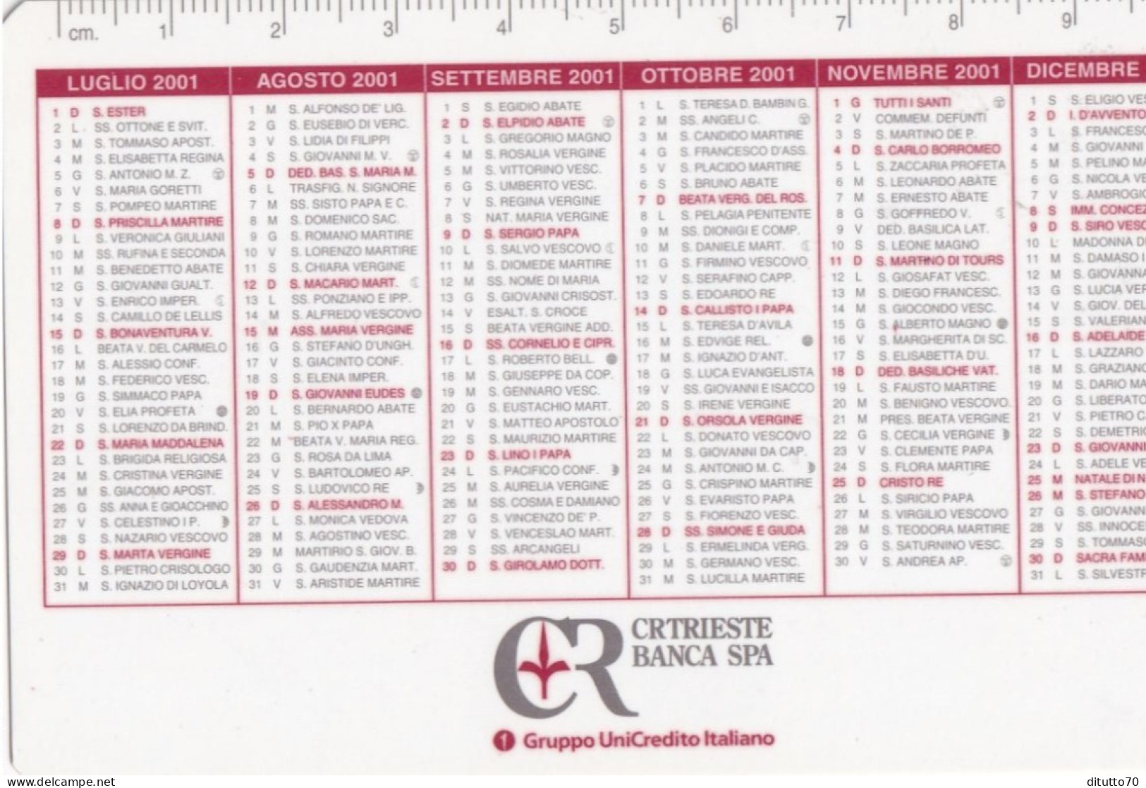 Calendarietto - Cr Trieste Banca - Gruppo Unicredito Italiano - Anno 2001 - Kleinformat : 2001-...