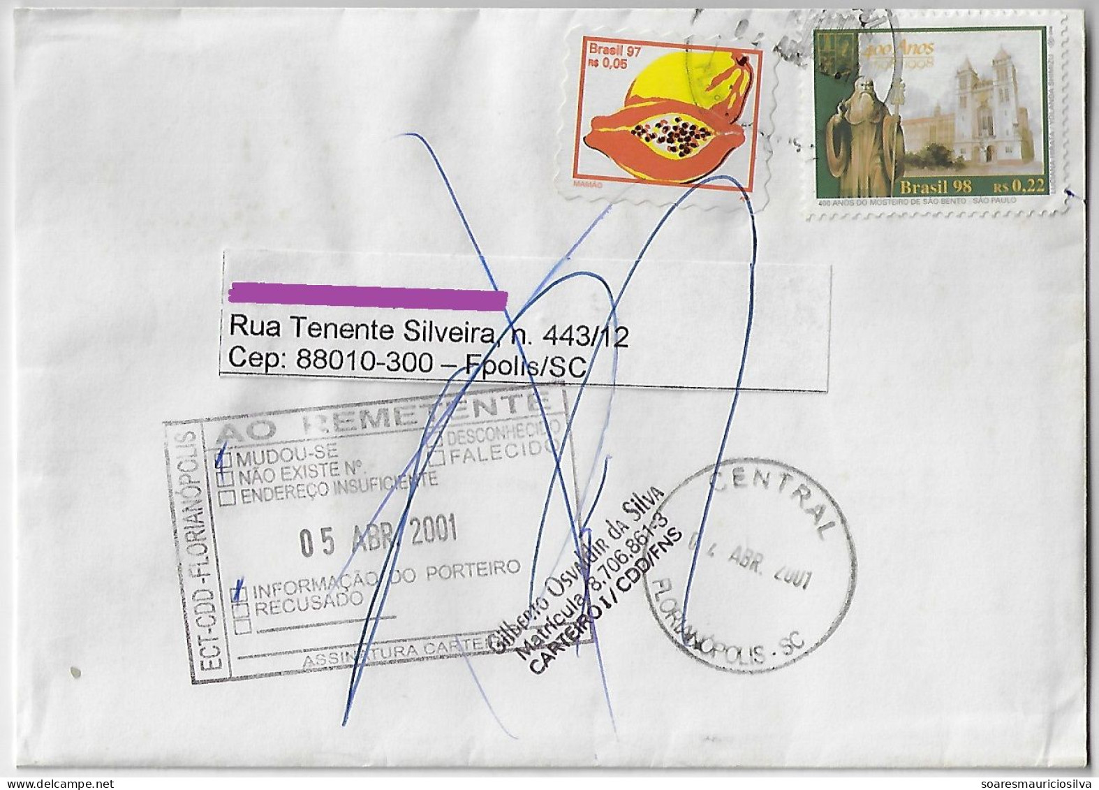 Brazil 2001 Returned To Sender Cover From Florianópolis Agency Ilhéus Stamp 400 Years Saint Benedict Monastery + Papaya - Briefe U. Dokumente