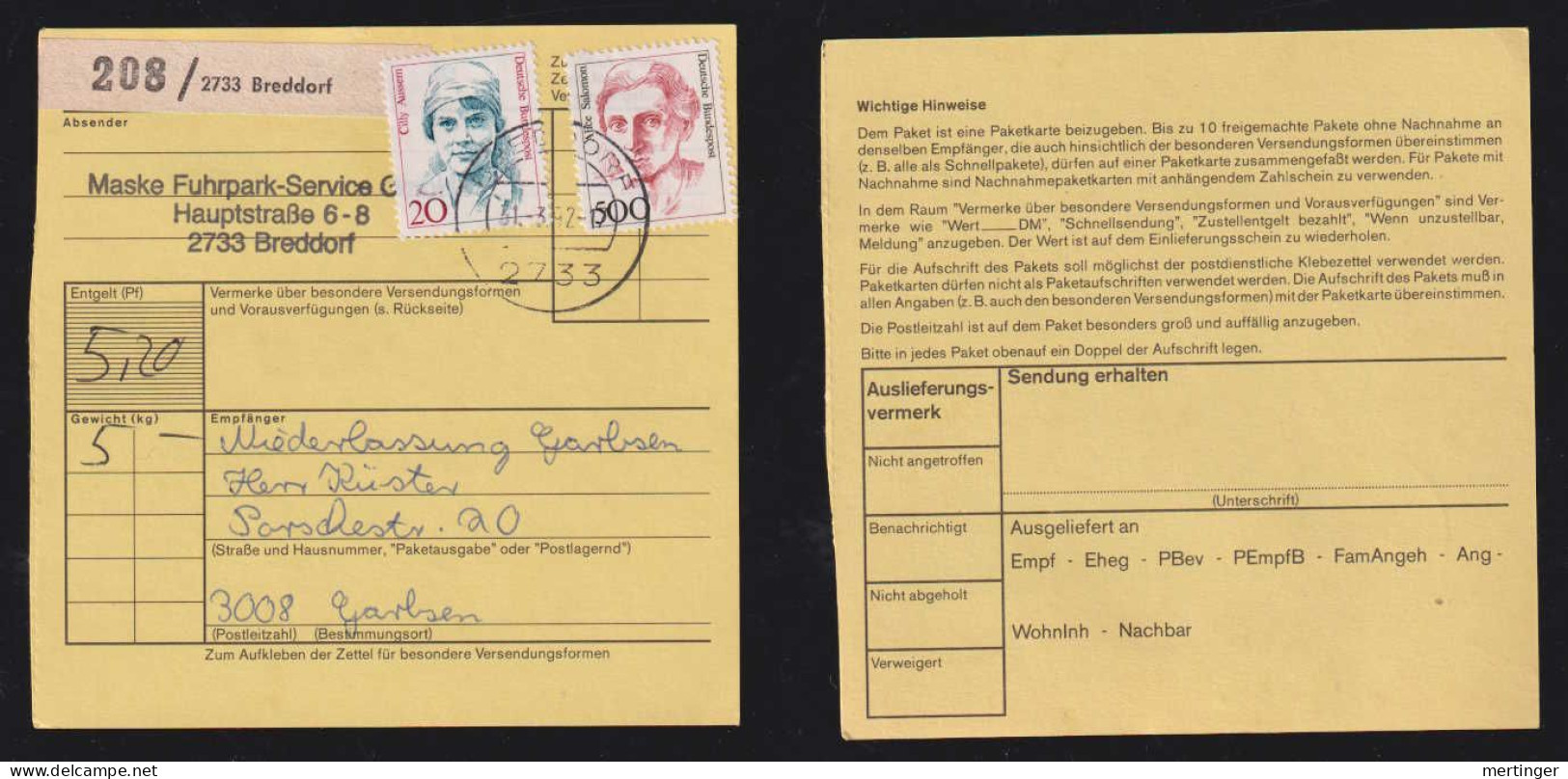BRD Bund 1992 Paketkarte 500Pf + 20Pf BREDDORF X GARBSEN - Lettres & Documents