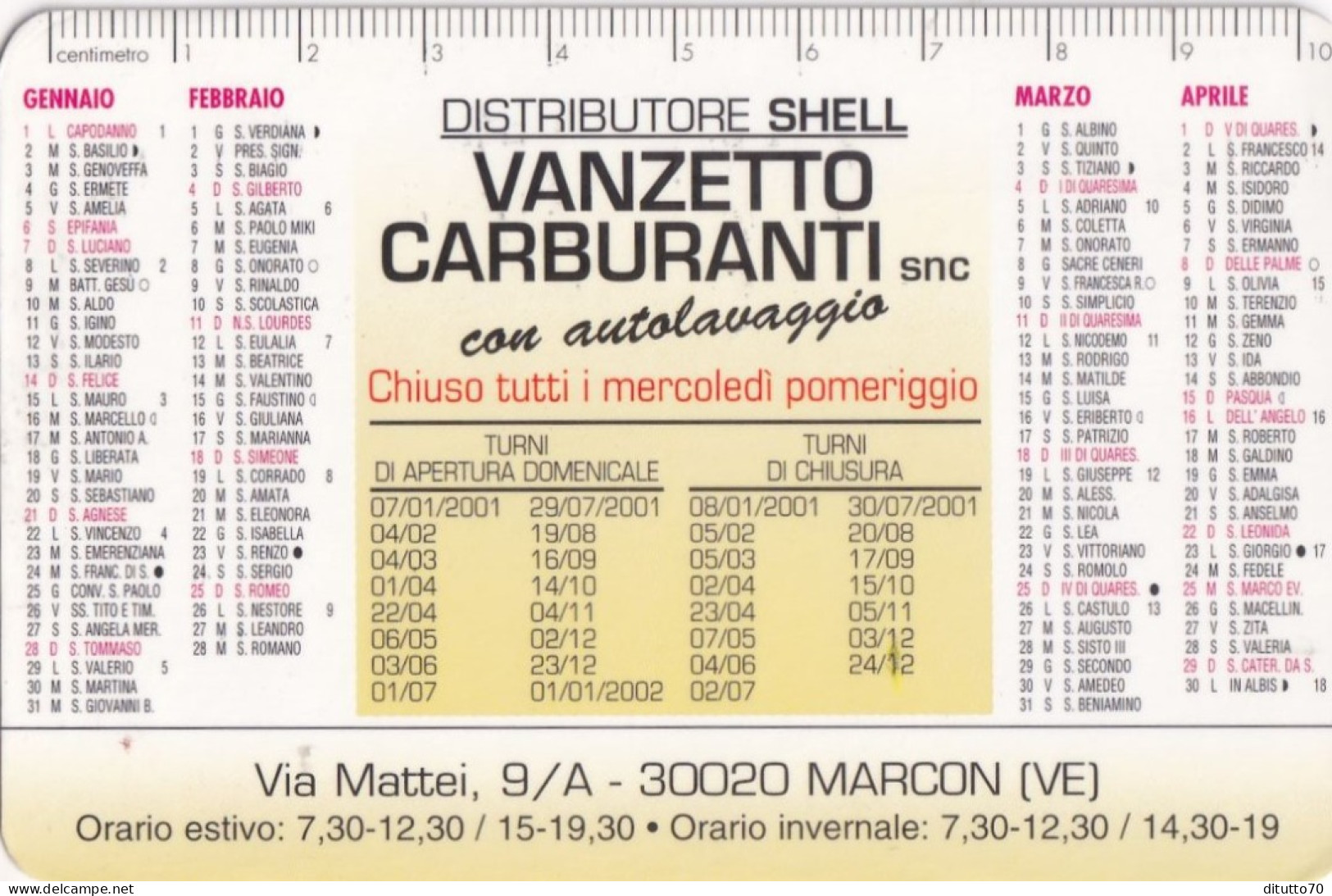 Calendarietto - Distributore Shell - Marcon - Venezia - Anno 2001 - Small : 2001-...