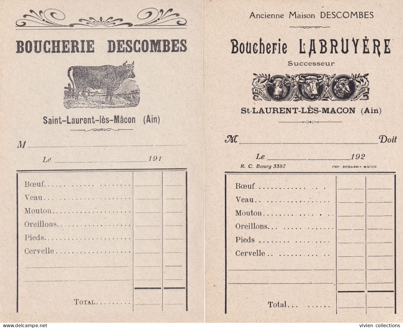 2 Factures Saint Laurent Lès Mâcon (01 Ain) De La Boucherie Descombes 1910 Puis Des Repreneurs Labruyère 1920 (14 X 9cm) - Alimentos