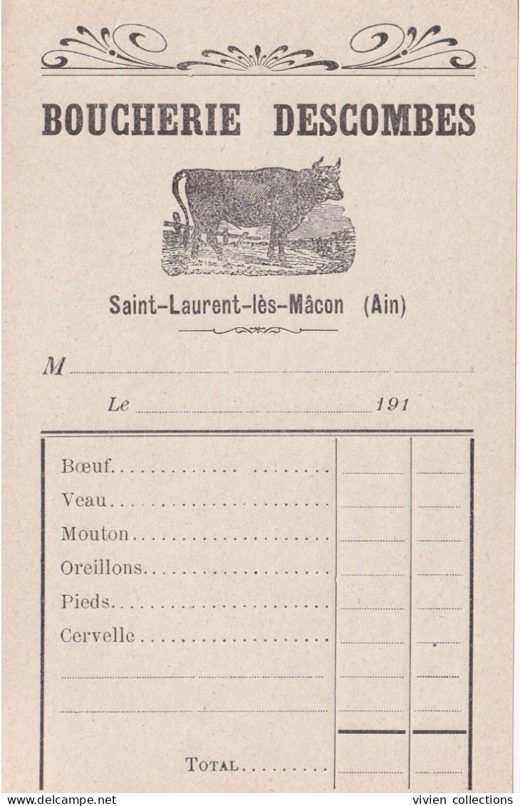 2 Factures Saint Laurent Lès Mâcon (01 Ain) De La Boucherie Descombes 1910 Puis Des Repreneurs Labruyère 1920 (14 X 9cm) - Lebensmittel