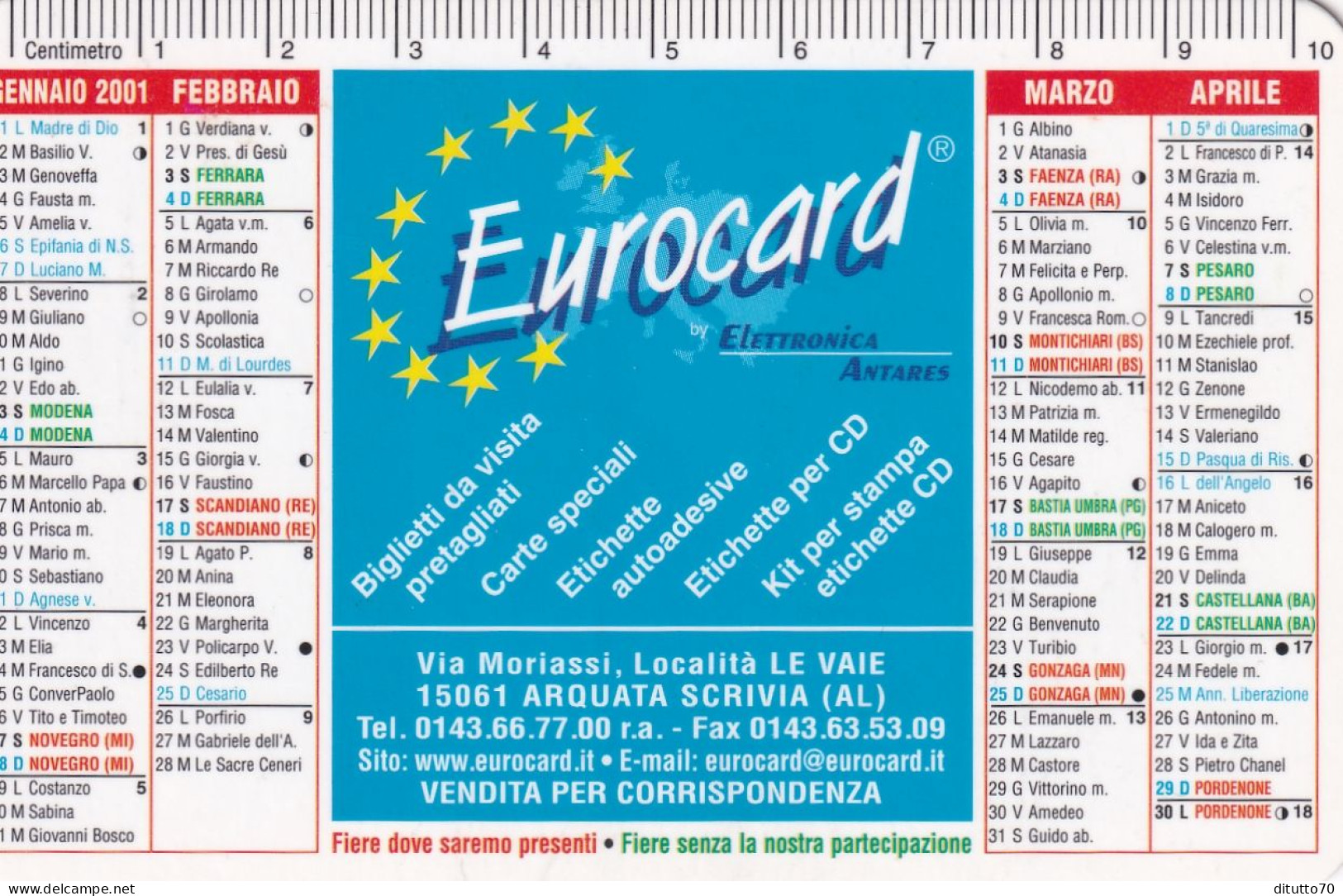 Calendarietto - Eurocard - Arquata Scrivia - Alessandria - Anno 2001 - Kleinformat : 2001-...