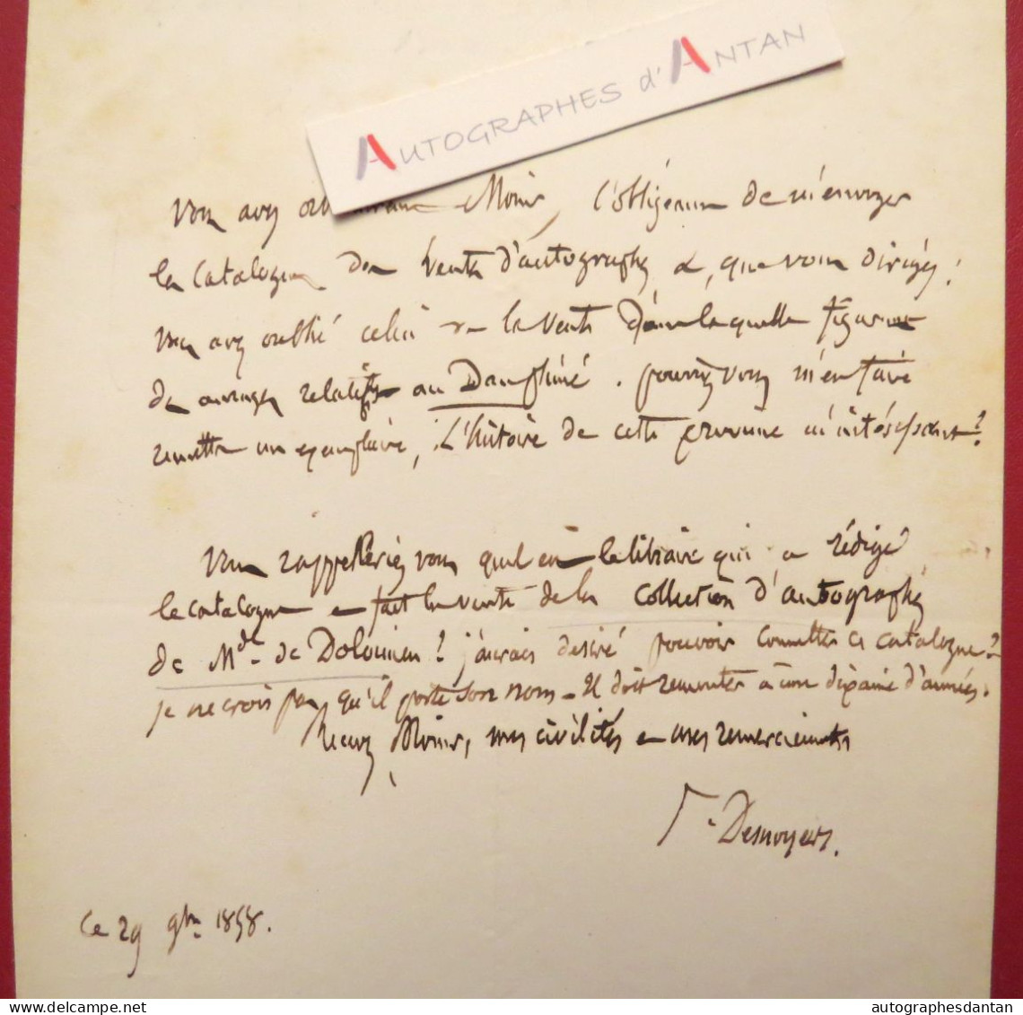 ● L.A.S 1858 Fernand DESNOYERS écrivain - Collection Autographes - Dauphiné - Mme De DOLOMIEU - Lettre Autographe - Schriftsteller