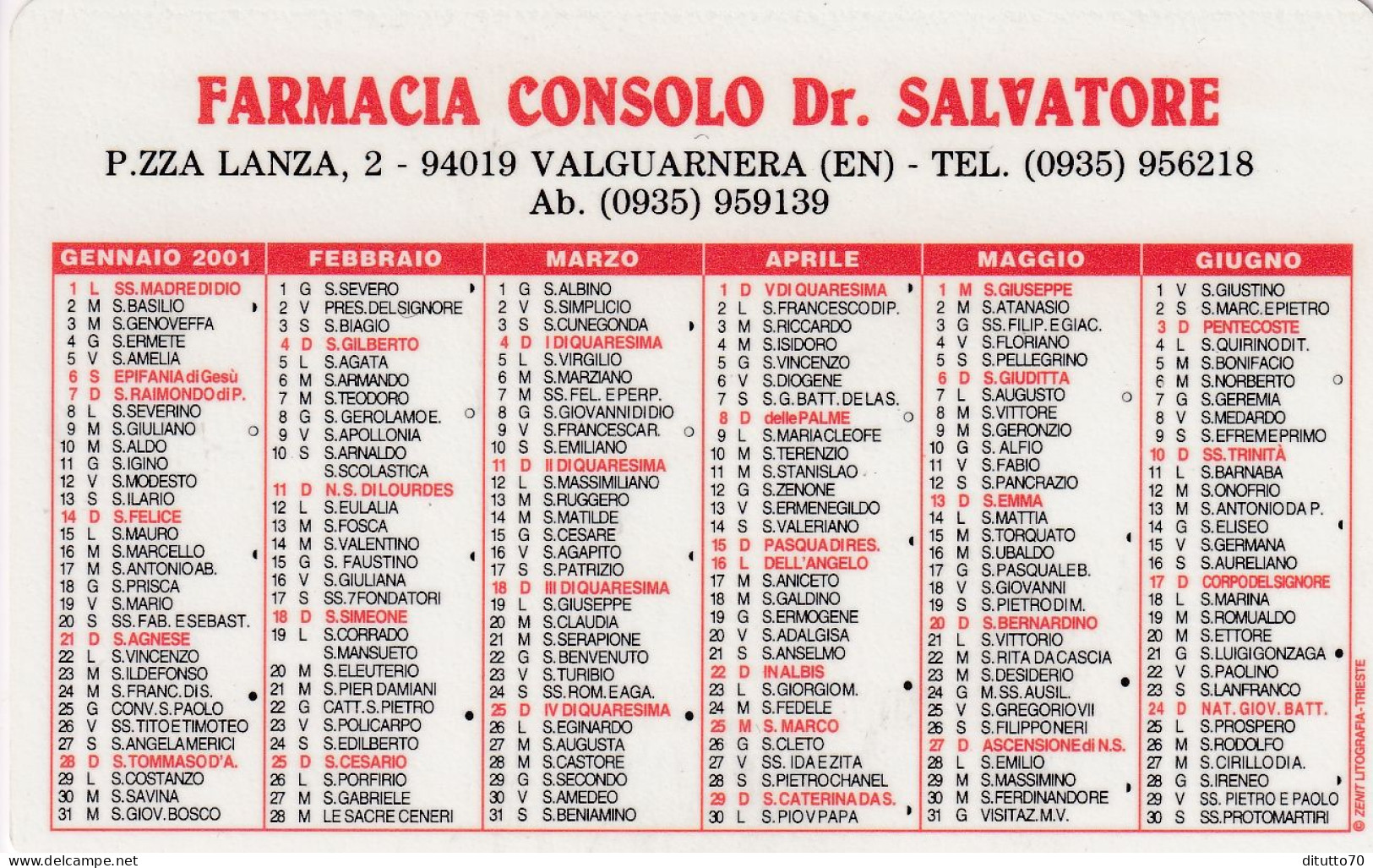 Calendarietto - Farmacia Consolo - Dr. Salvatore - Valguarnera - Enna - Anno 2001 - Petit Format : 2001-...