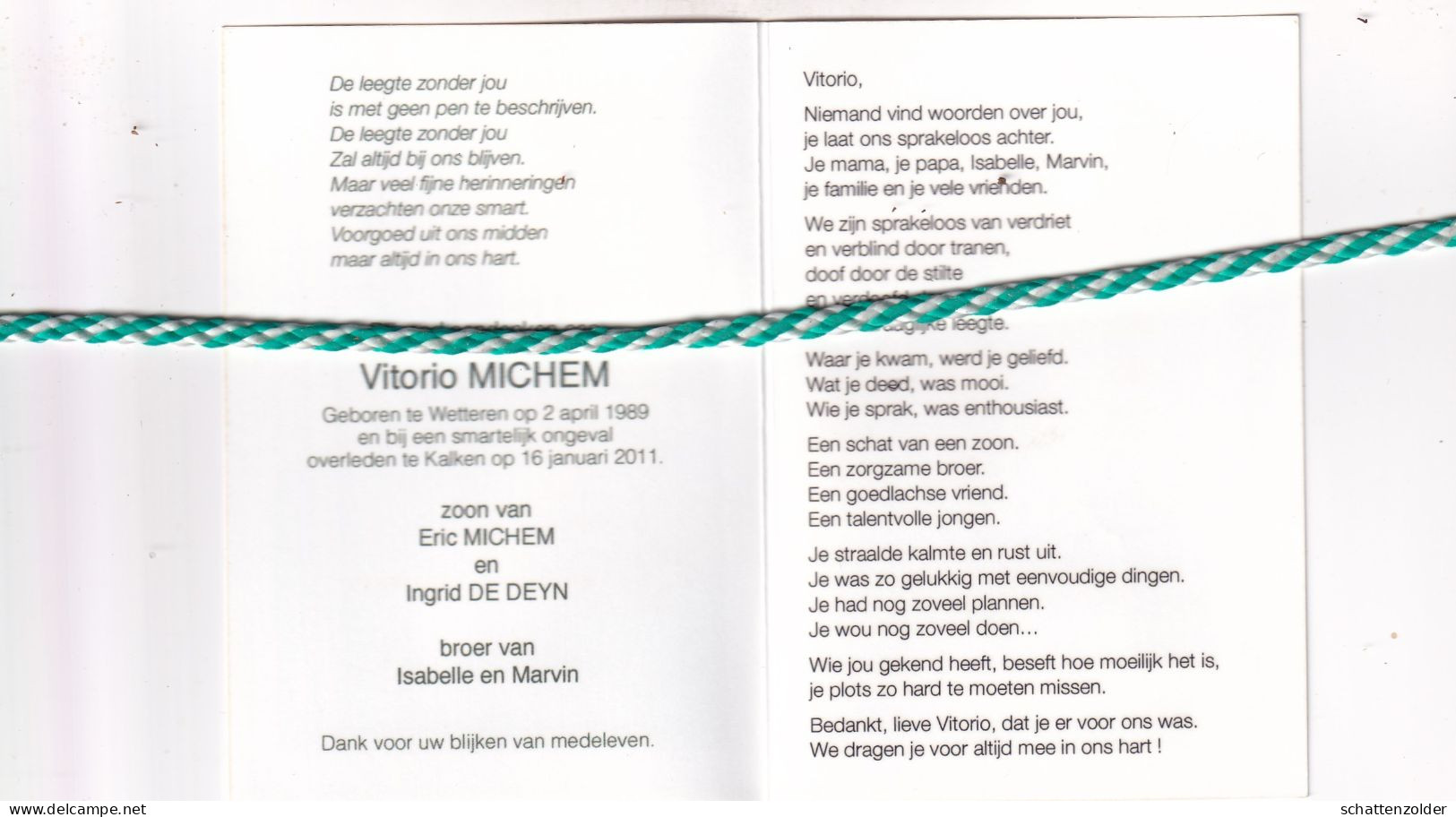 Vitorio Michem-De Deyn, Wetteren 1989, Kalken 2011. Foto - Décès