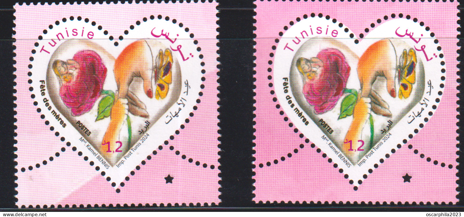2024-Tunisie- Fête Des Mères -Femme- Enfant- Rose- Papillon- Mains- 2 V Variété De Couleur 2V -.MNH****** - Butterflies