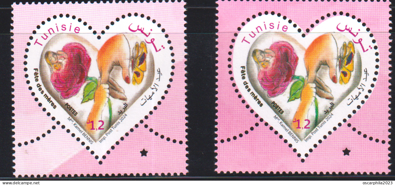 2024-Tunisie- Fête Des Mères -Femme- Enfant- Rose- Papillon- Mains- 2 V Variété De Couleur 2V -.MNH****** - Sonstige & Ohne Zuordnung