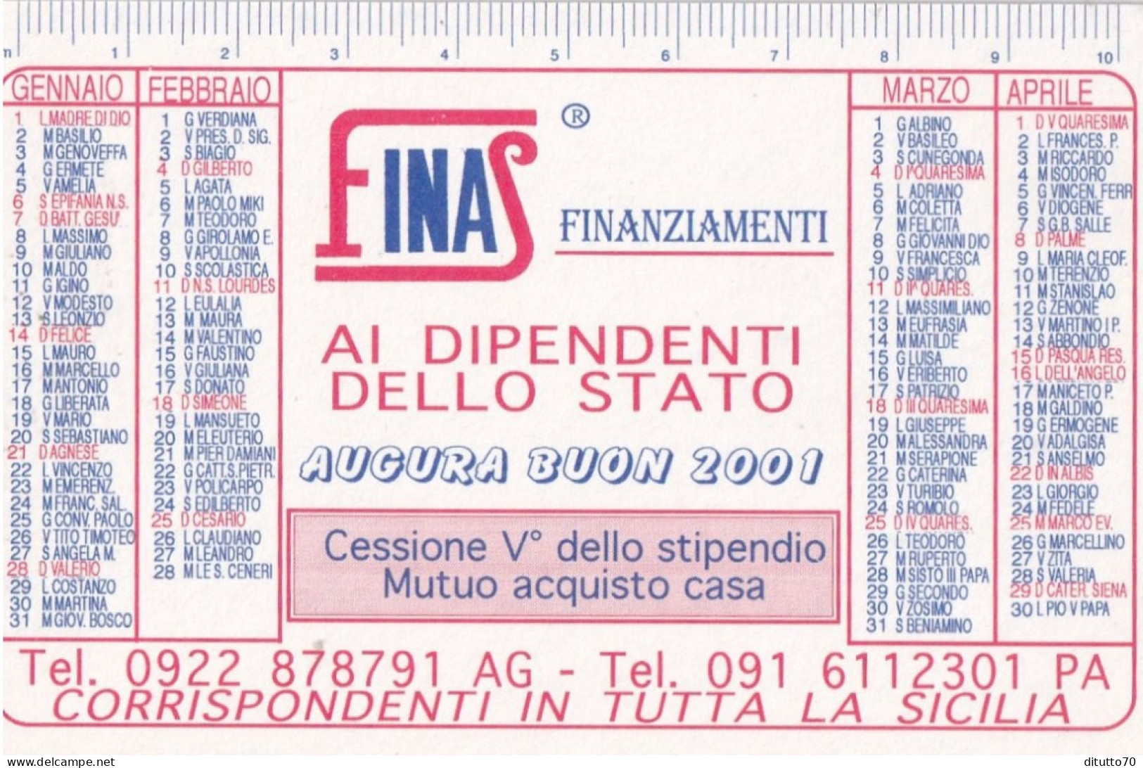 Calendarietto - Finas - Finanziamenti - Corrispondenti Per Tutta La Sicilia - Anno 2001 - Petit Format : 2001-...