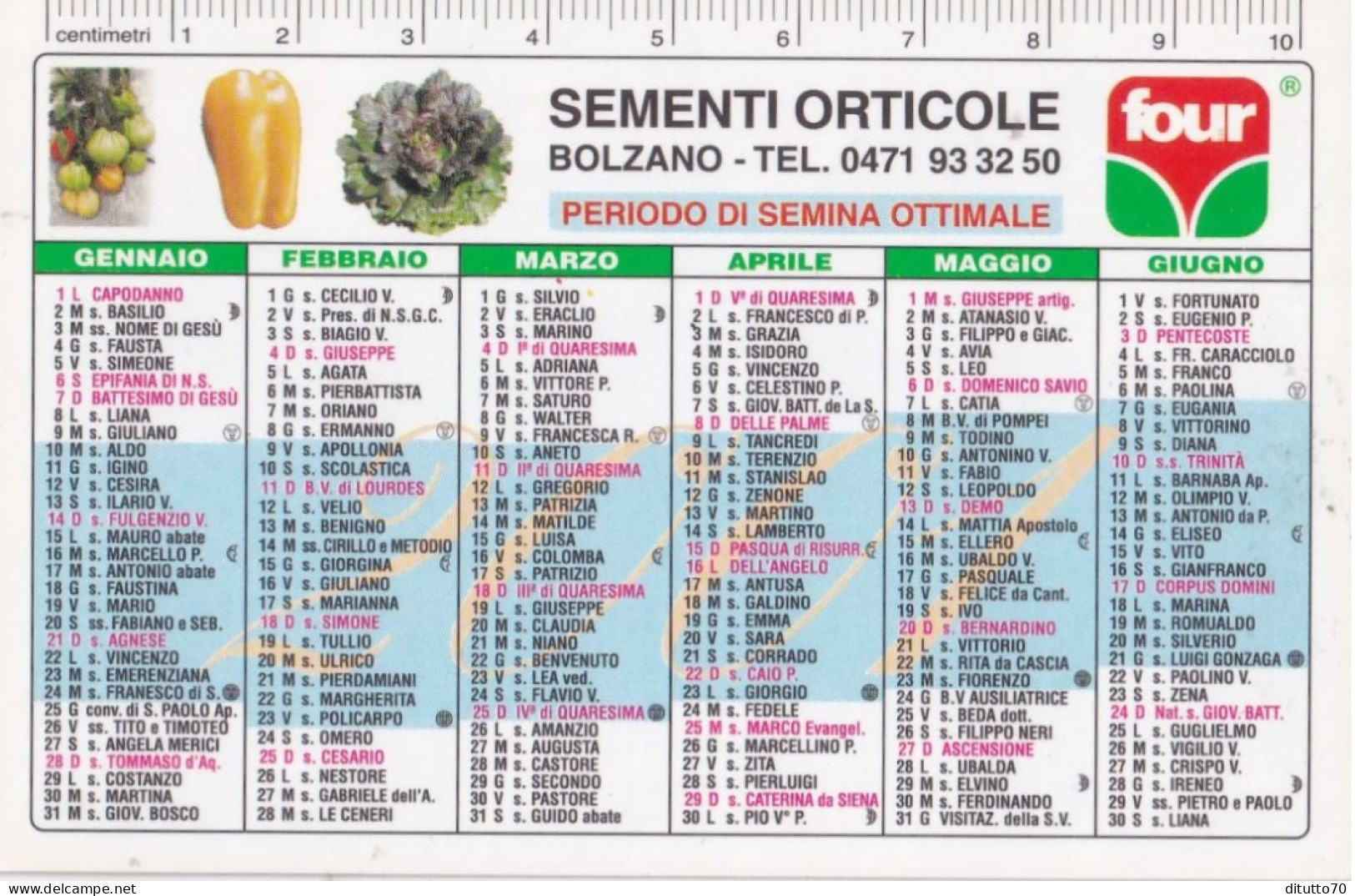 Calendarietto - Four - Sementi Orticole - Bolzano - Anno 2001 - Petit Format : 2001-...