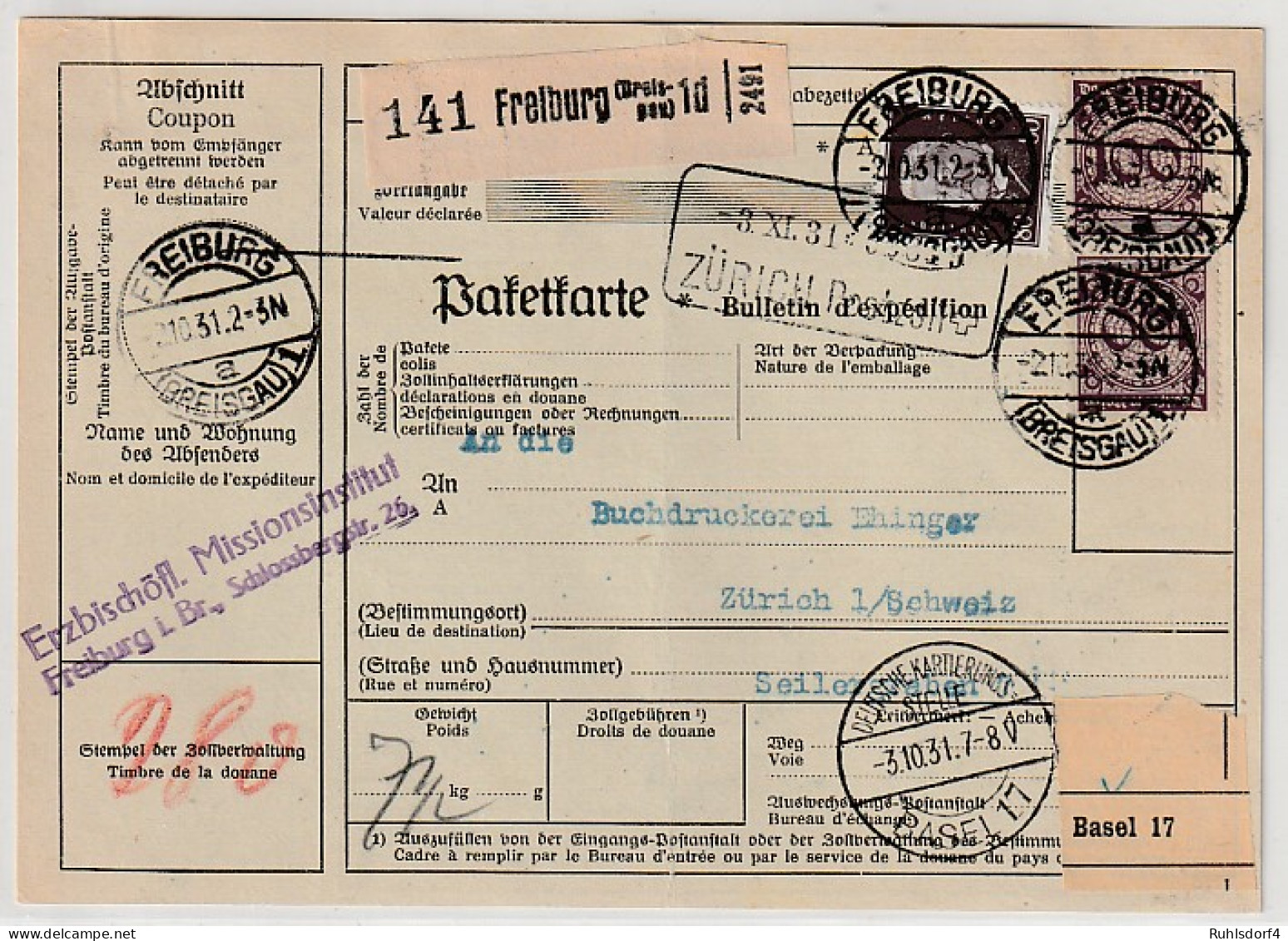 DR: Kompl. Auslands-Paketkarte Mit U.a. 80 Pfg. Hindenburg - Other & Unclassified