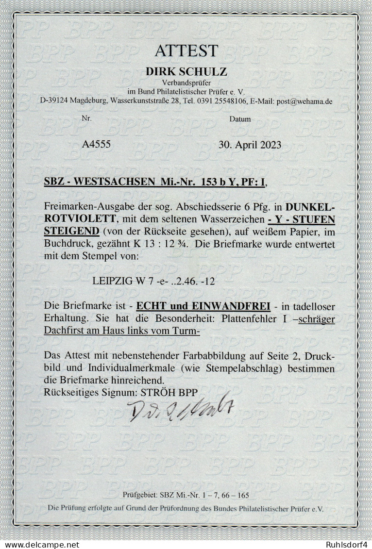 Westsachsen. Nr. 153 Y In B-Farbe, Gest., Attest Schulz - Sonstige & Ohne Zuordnung