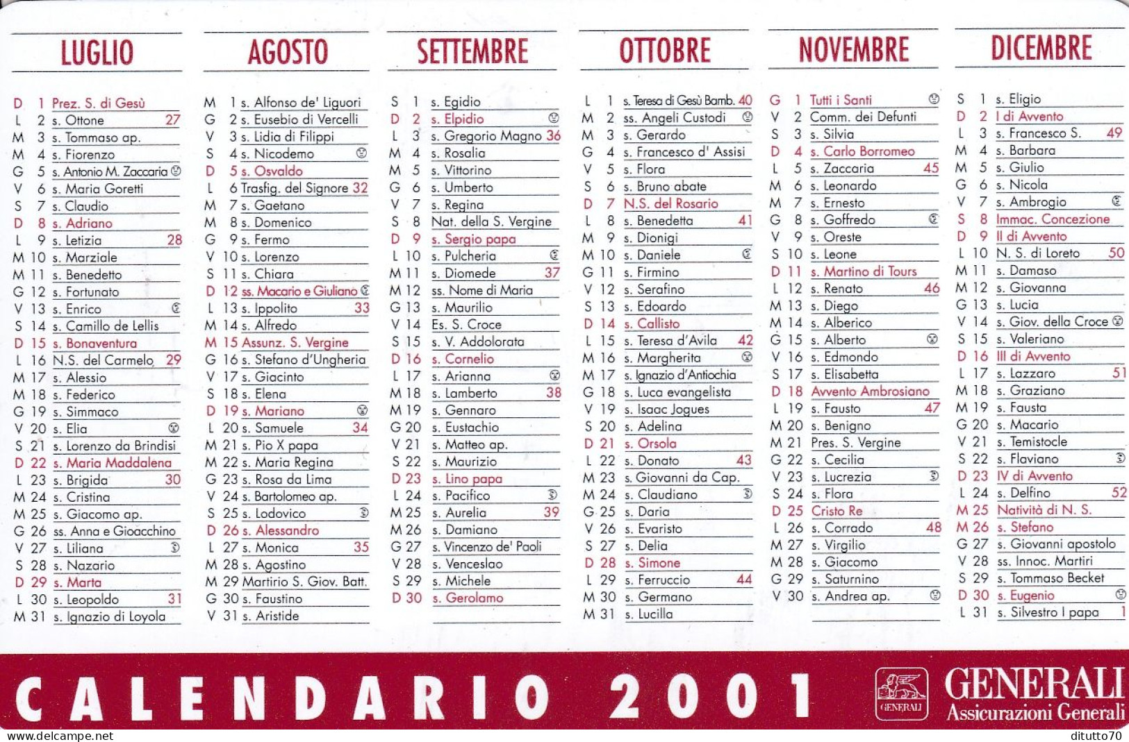 Calendarietto - Generali - Assicurazioni - Anno 2001 - Small : 2001-...