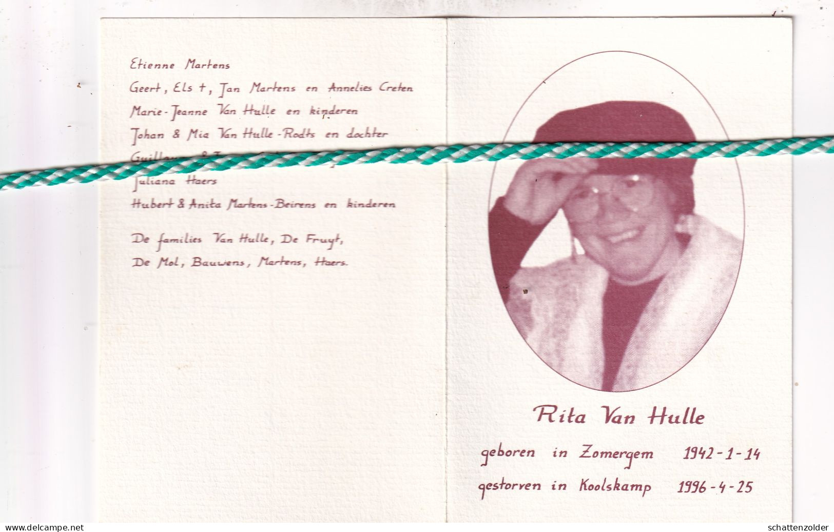 Rita Van Hulle, Zomergem 1942, Koolskamp 1996. Foto Dameshoed - Obituary Notices