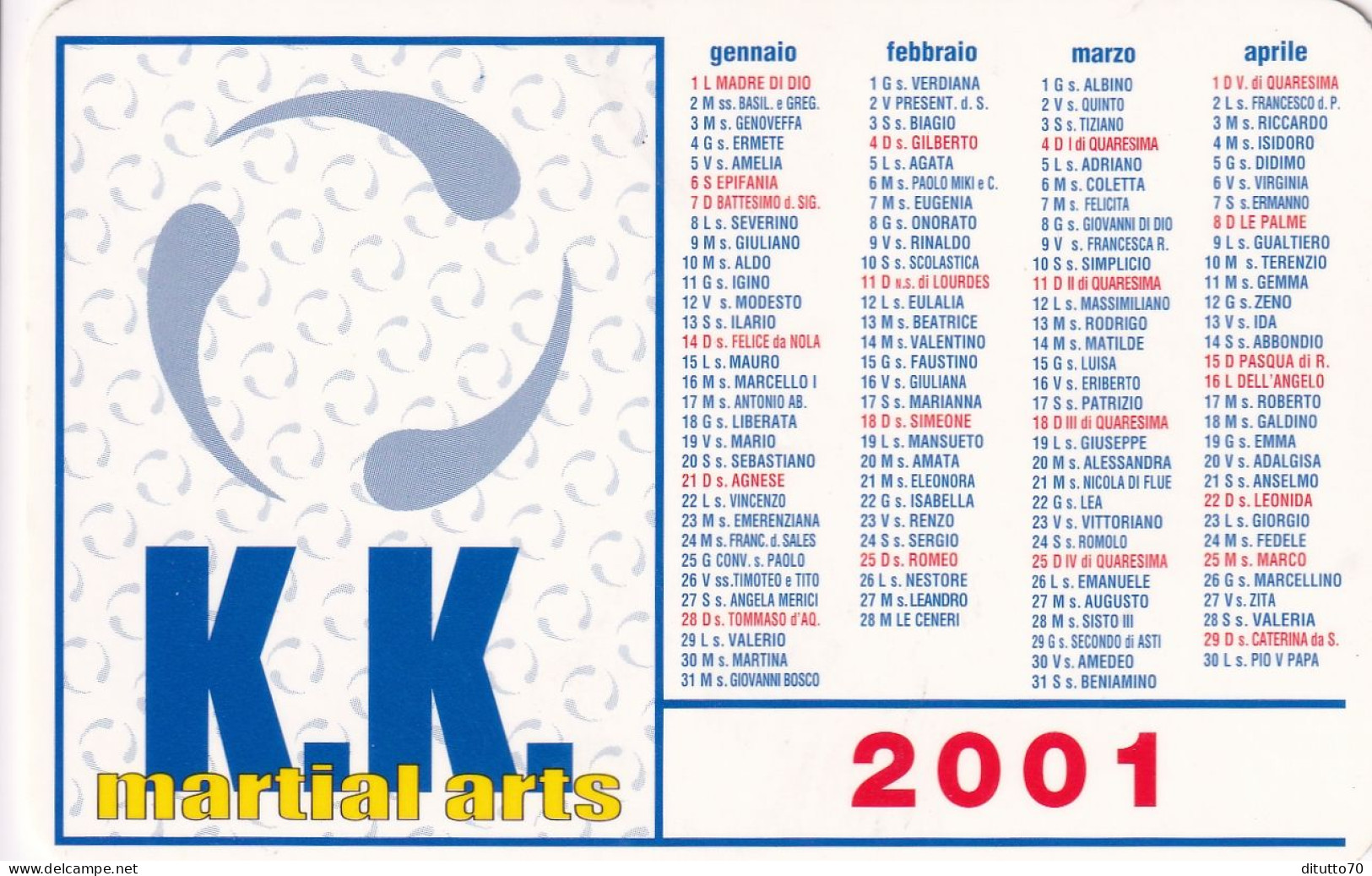 Calendarietto - K.k. - Martial Arts - Anno 2001 - Klein Formaat: 2001-...
