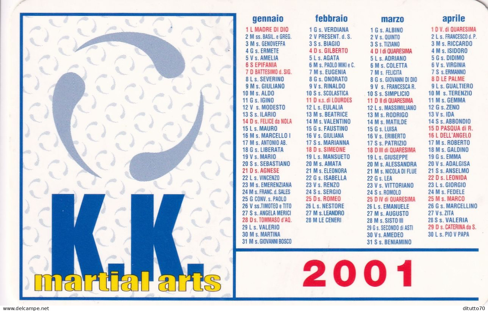 Calendarietto - K.k. - Martial Arts - Anno 2001 - Petit Format : 2001-...