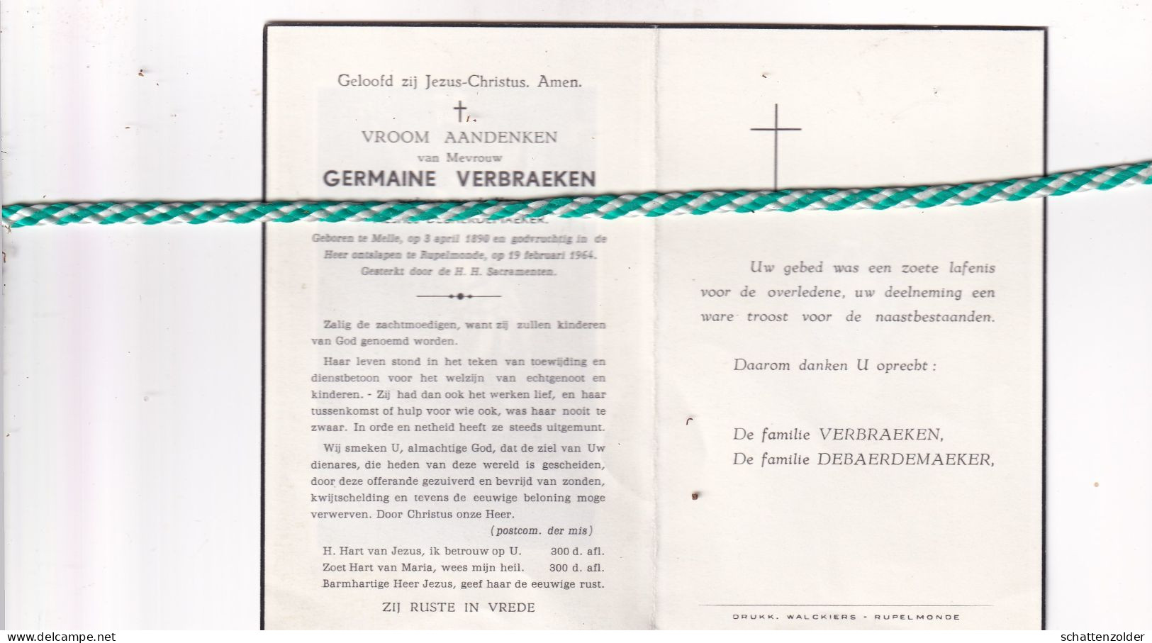 Germaine Verbraeken-Debaerdemaeker, Melle 1890, Rupelmonde 1964 - Todesanzeige
