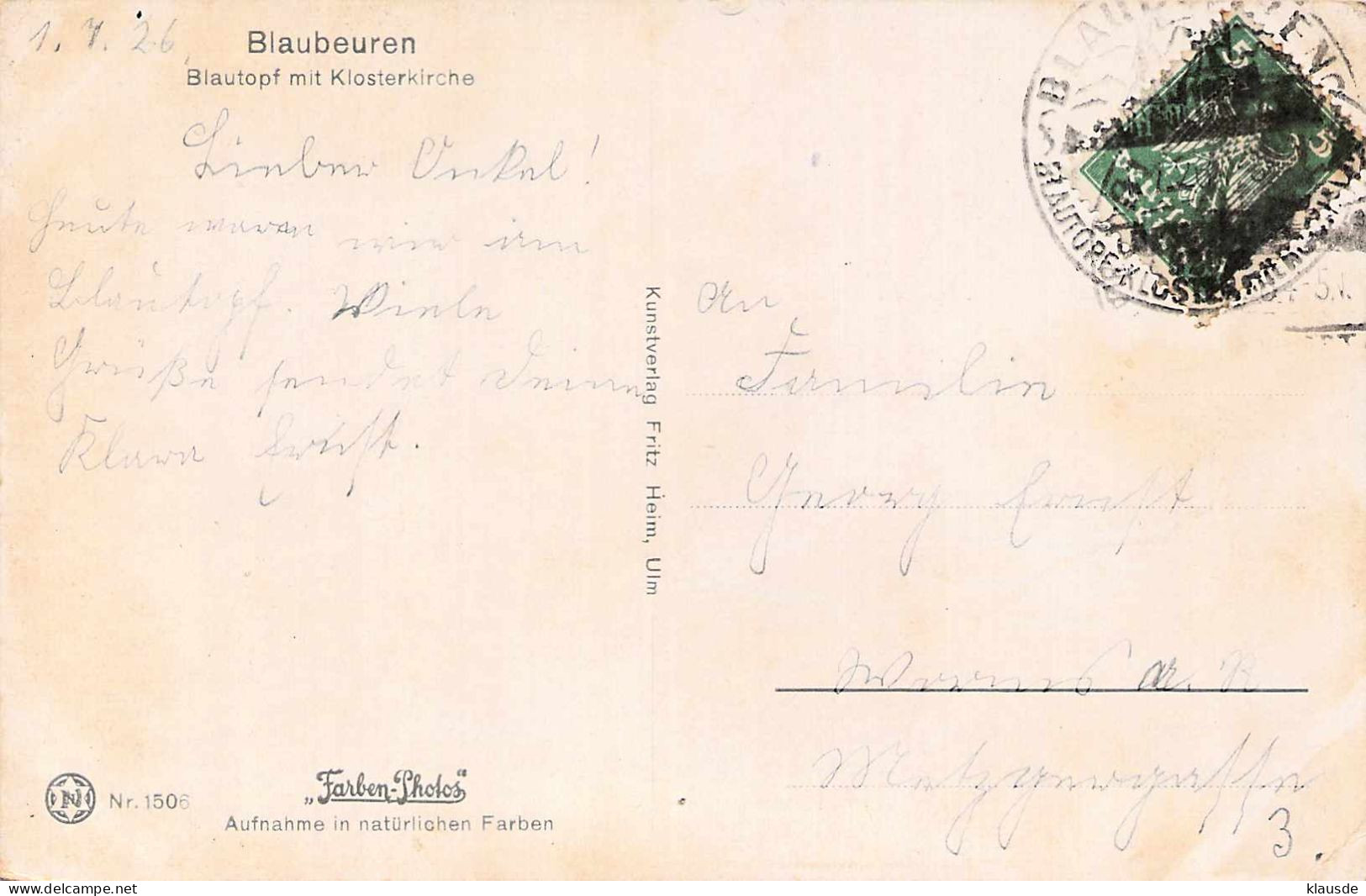 Blaubeuren - Blautopf Mit Klosterkirche Gel.1926 SST - Blaubeuren