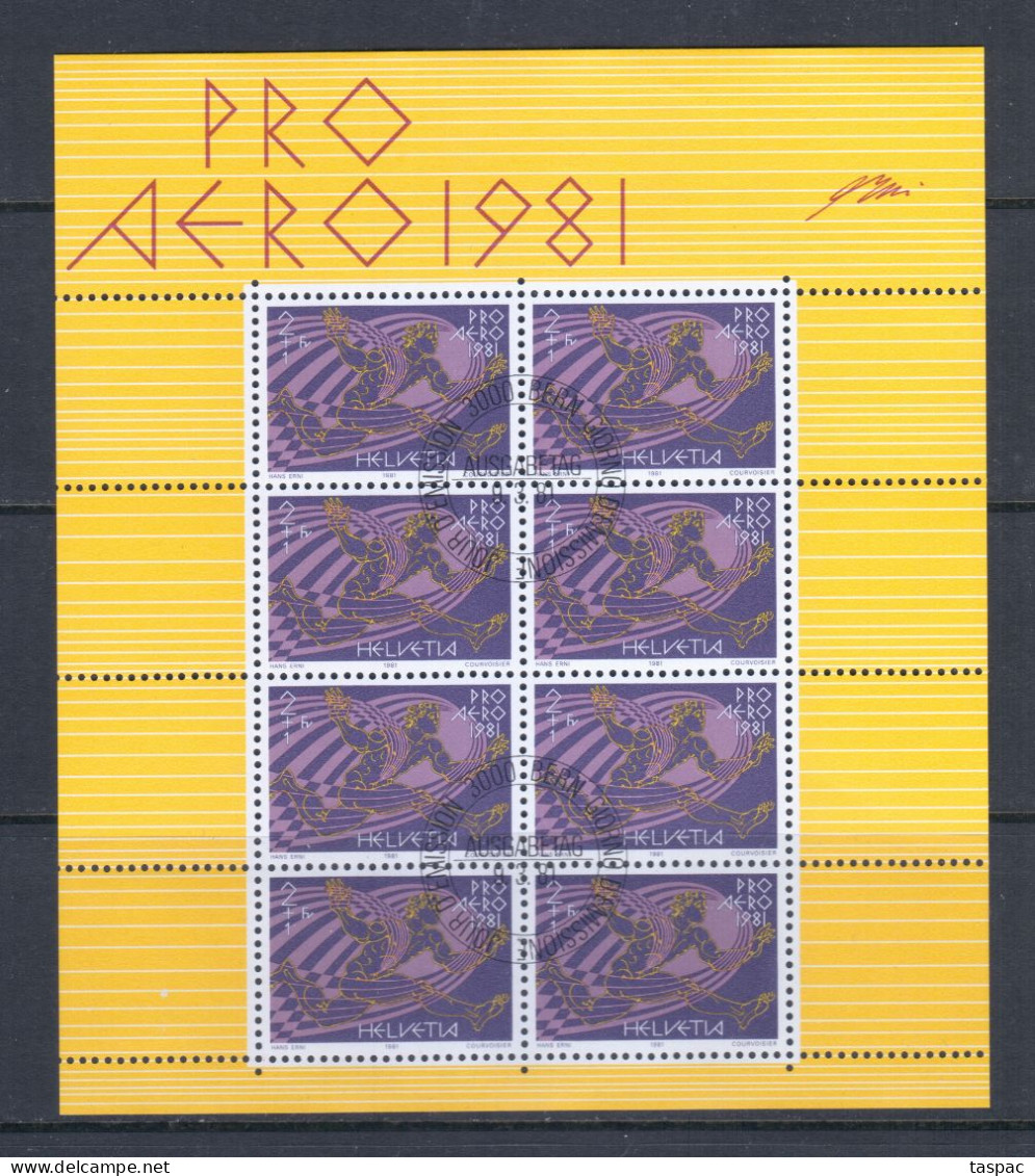 Switzerland 1981 Mi# 1196 Klb. Used (CTO) - Sheet Of 8 (2 X 4) - Pro Aero / Swissair, 50th Anniv. - Oblitérés