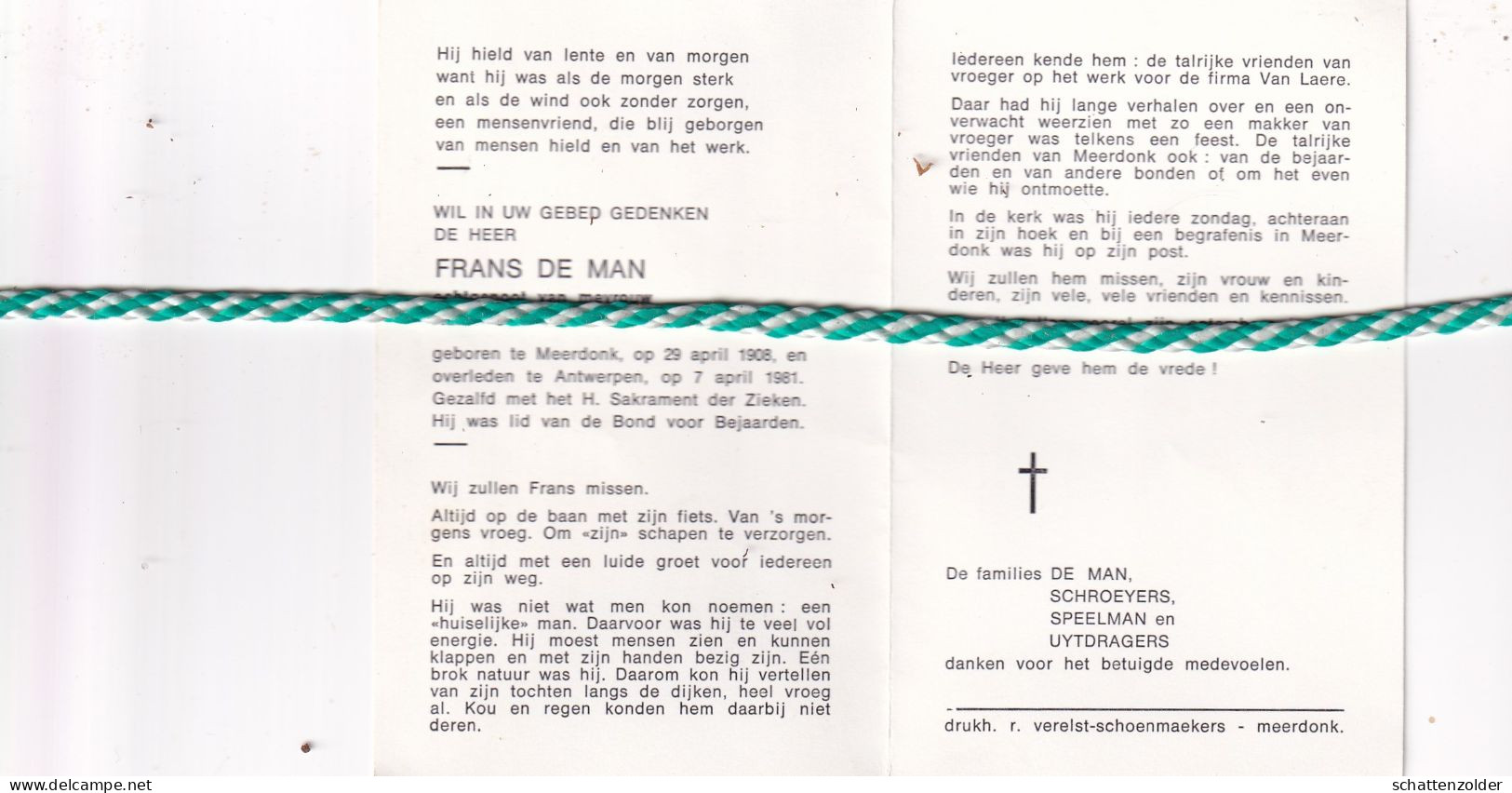 Frans De Man-Schroeyers, Meerdonk 1908, Antwerpen 1981 - Todesanzeige