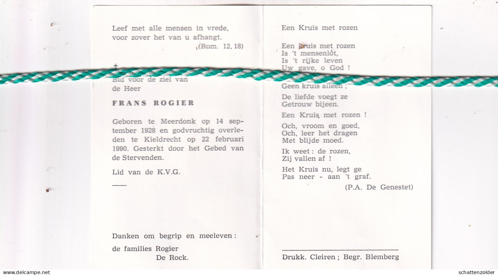 Frans Rogier, Meerdonk 1928, Kieldrecht 1990 - Décès