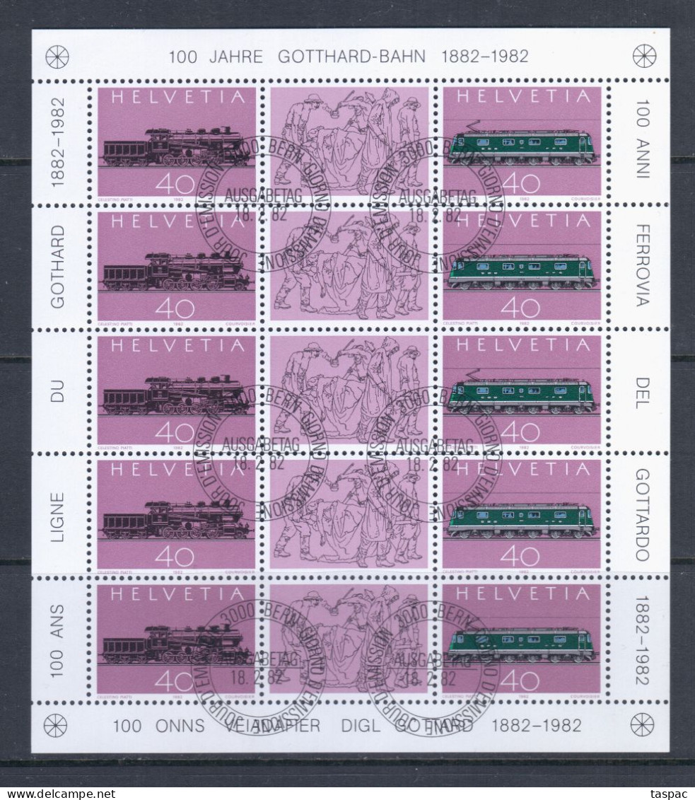 Switzerland 1982 Mi# 1214-1215 Klb. Used (CTO) - Sheet Of 15 (3 X 5) - Gotthard Railway Centenary / Trains - Used Stamps