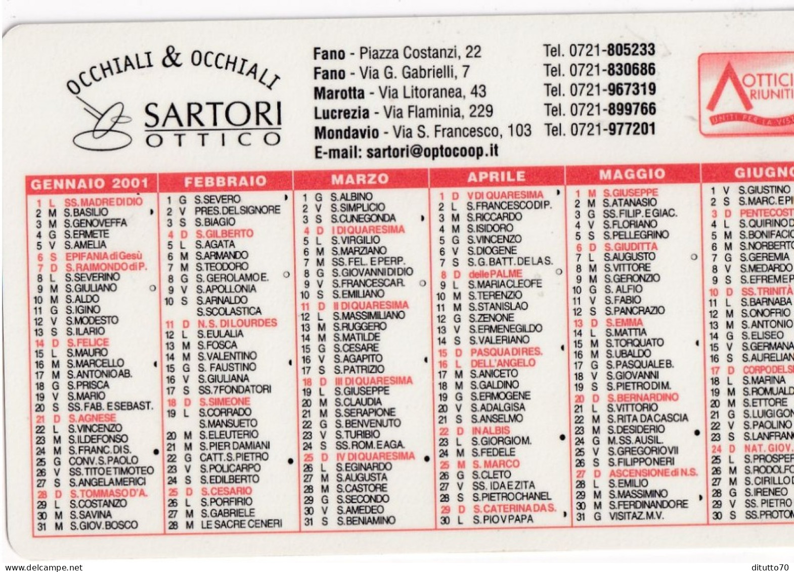 Calendarietto - Ottico Santori - Anno 2001 - Formato Piccolo : 2001-...